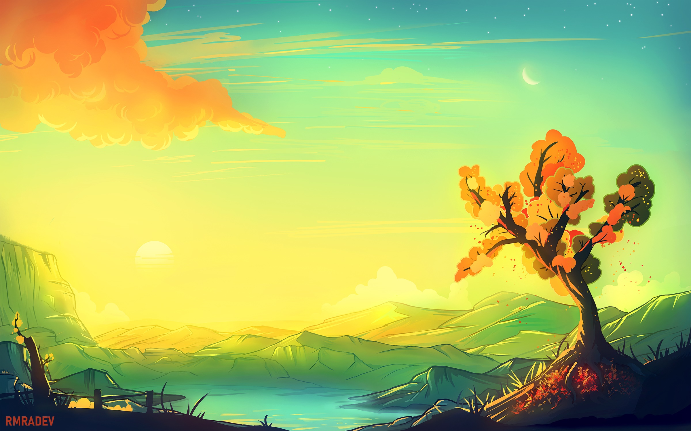 Artistic landscape with a tree at sunrise HD Wallpaper