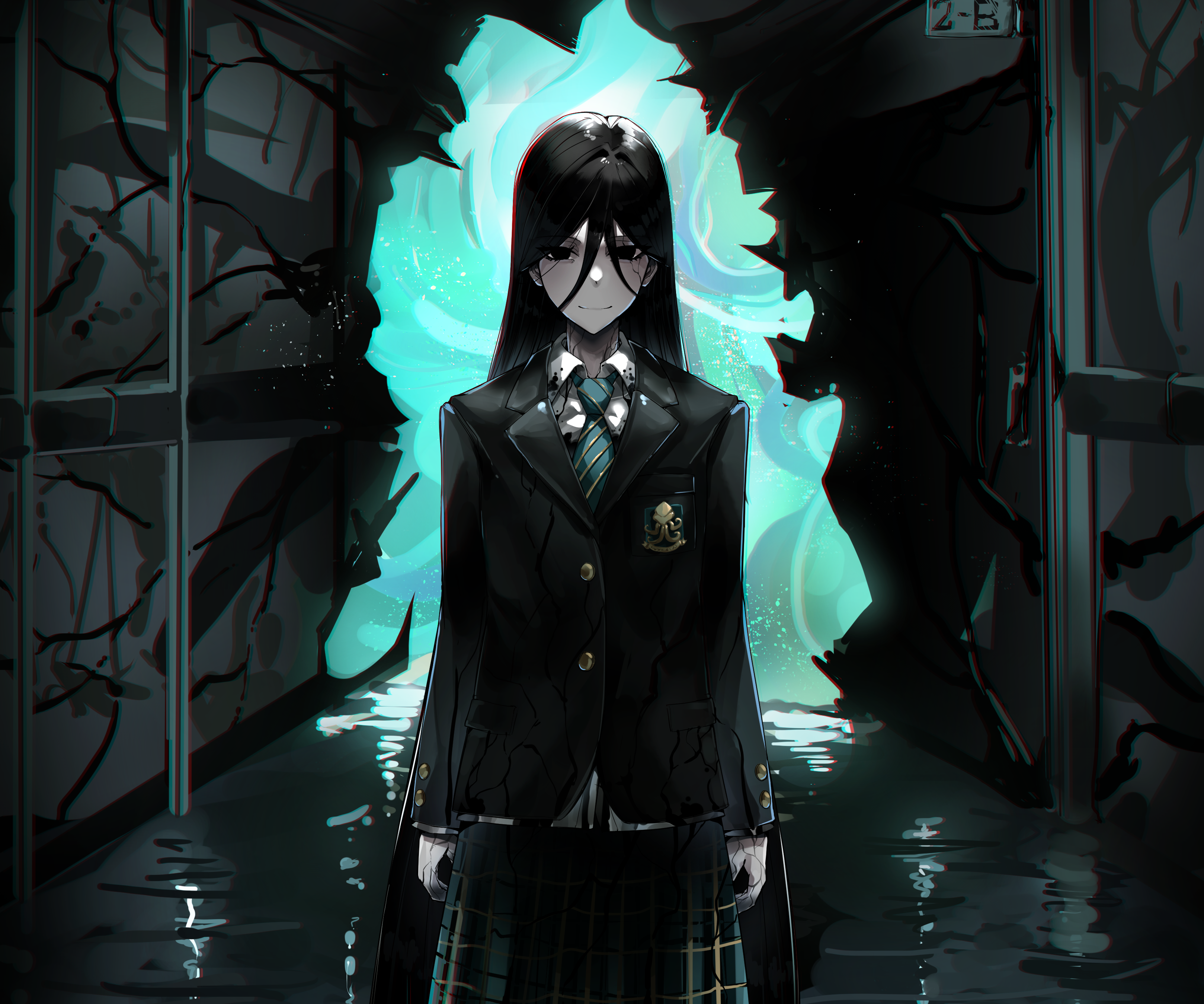 Girl in school uniform in a dark hallway HD Wallpaper