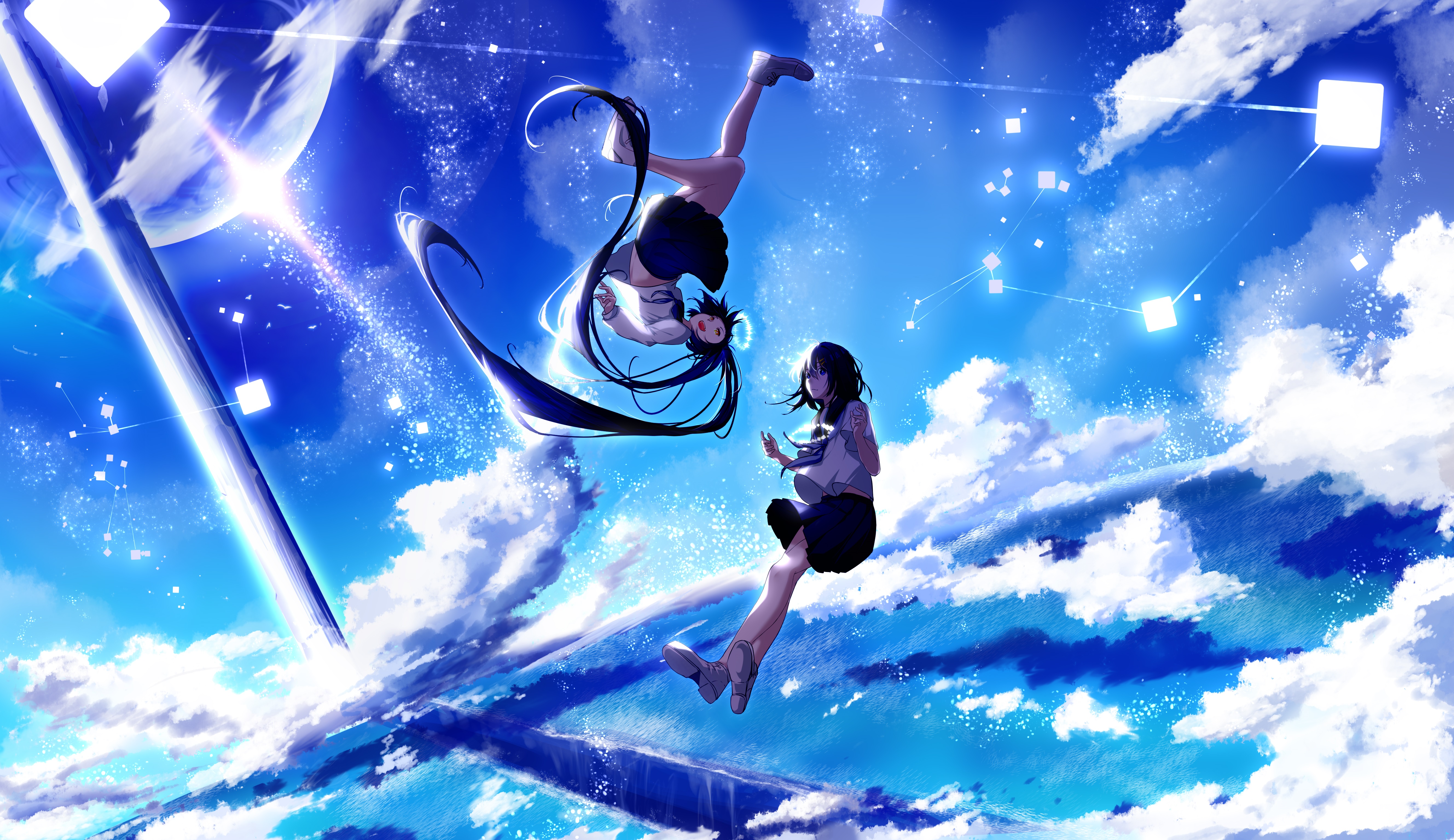 Girls in School Uniforms Floating in a Starry Sky HD Wallpaper