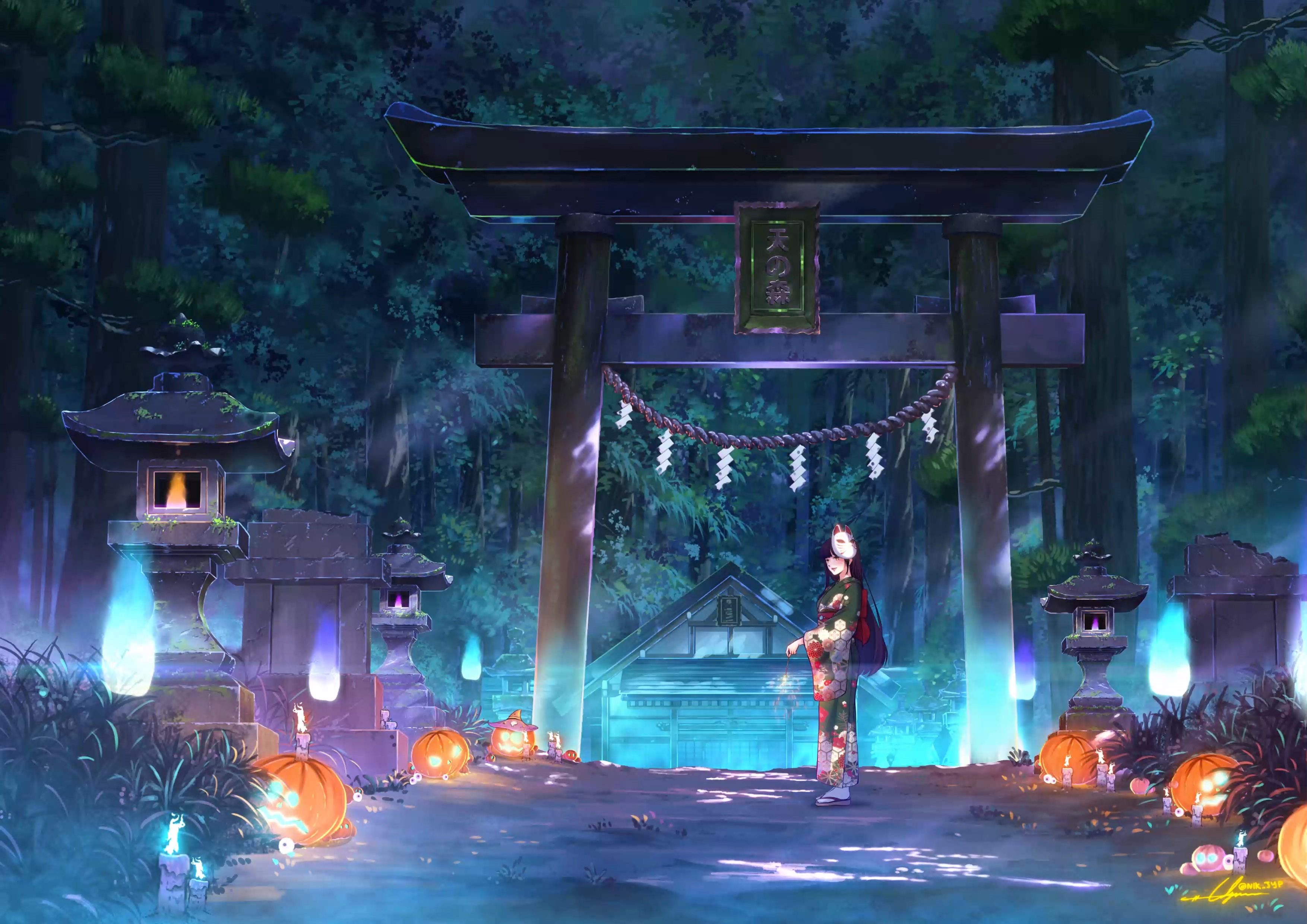 Girl in Kimono at Torii Gate with Lanterns HD Wallpaper