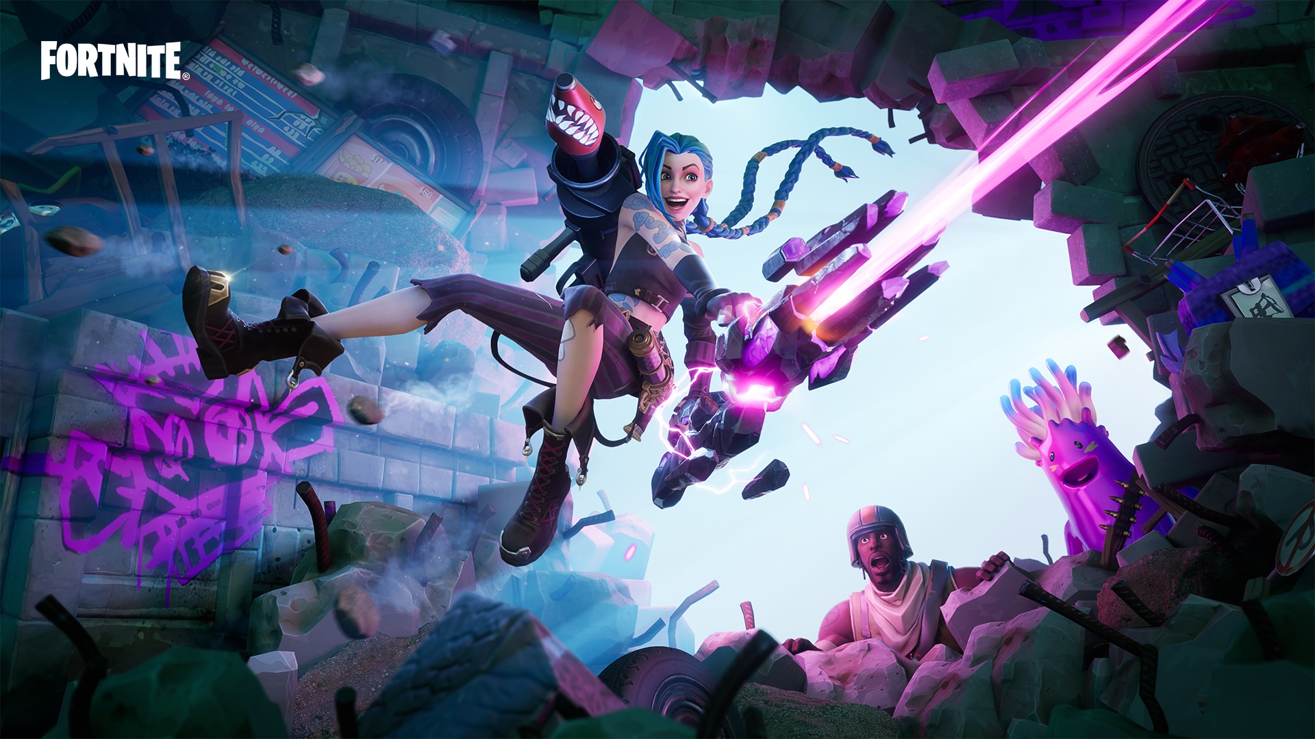 Jinx from Fortnite and Arcane firing a weapon HD Wallpaper