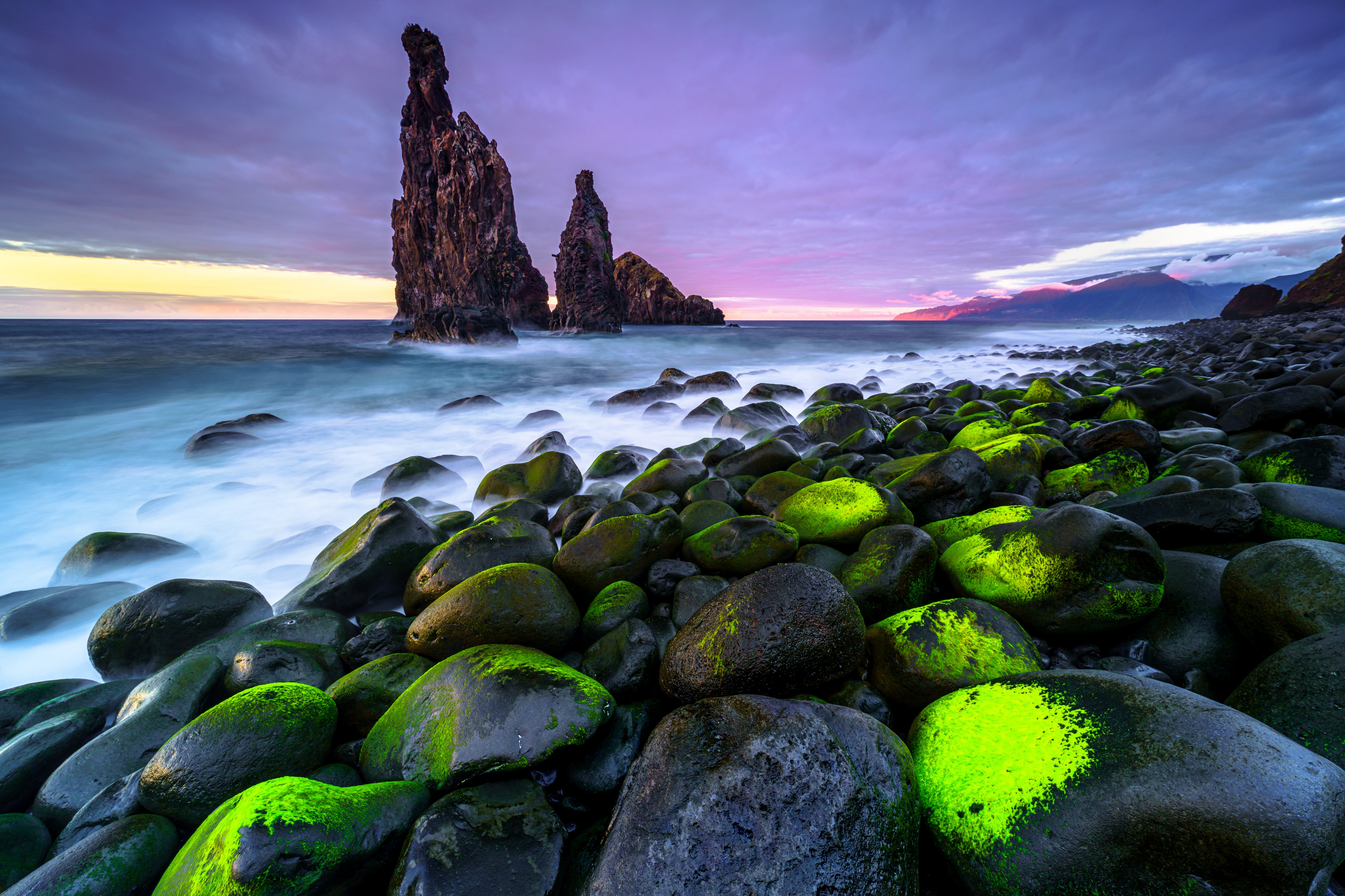 Rocky Shoreline with Sea Stacks at Sunset HD Wallpaper