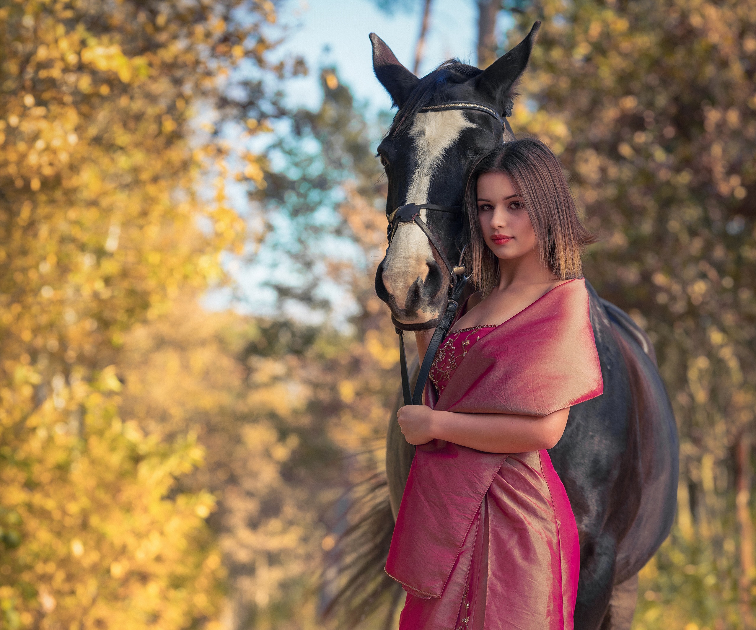 Woman in pink dress with a horse HD Wallpaper