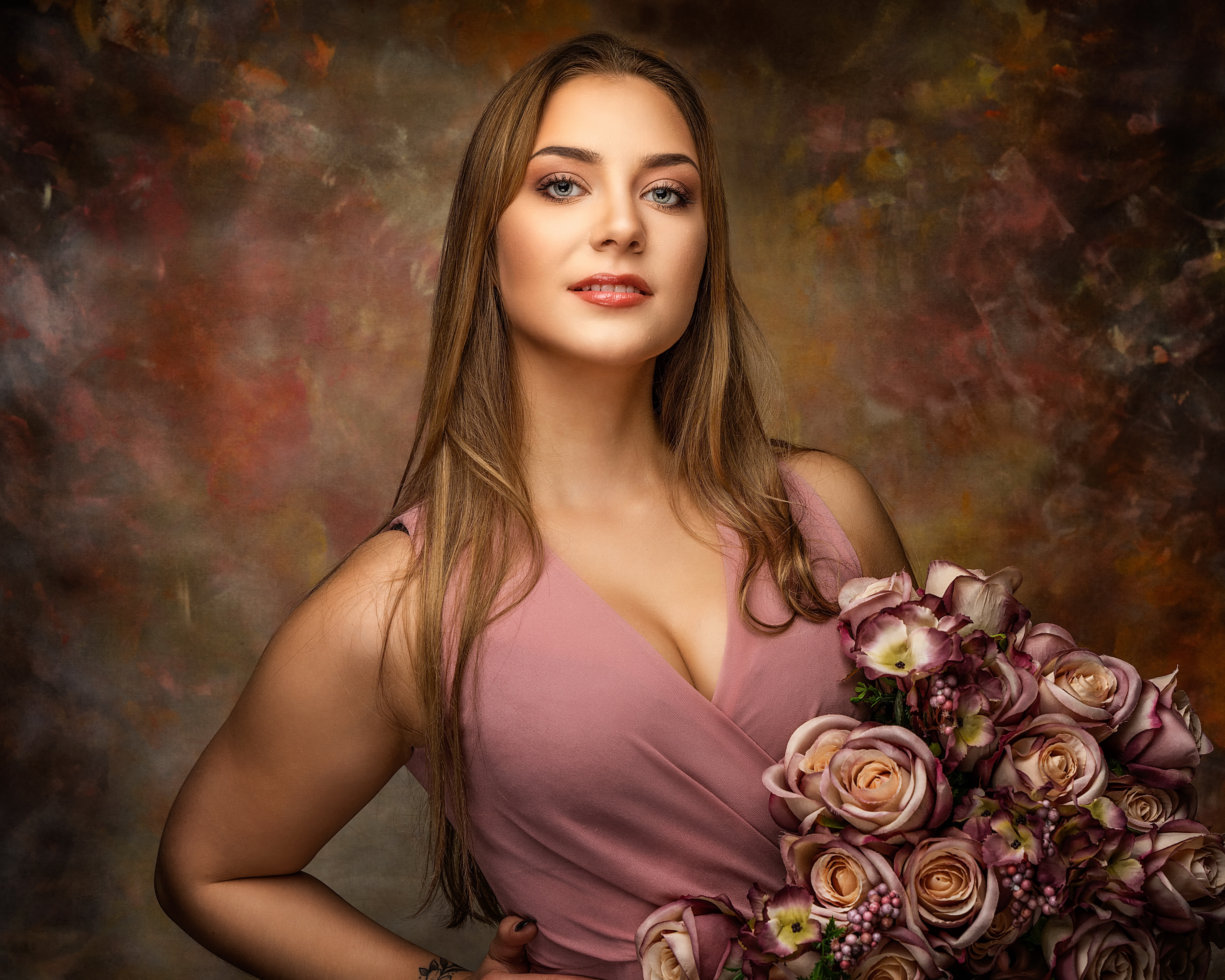 Brunette Model in Pink Dress Holding Roses HD Wallpaper