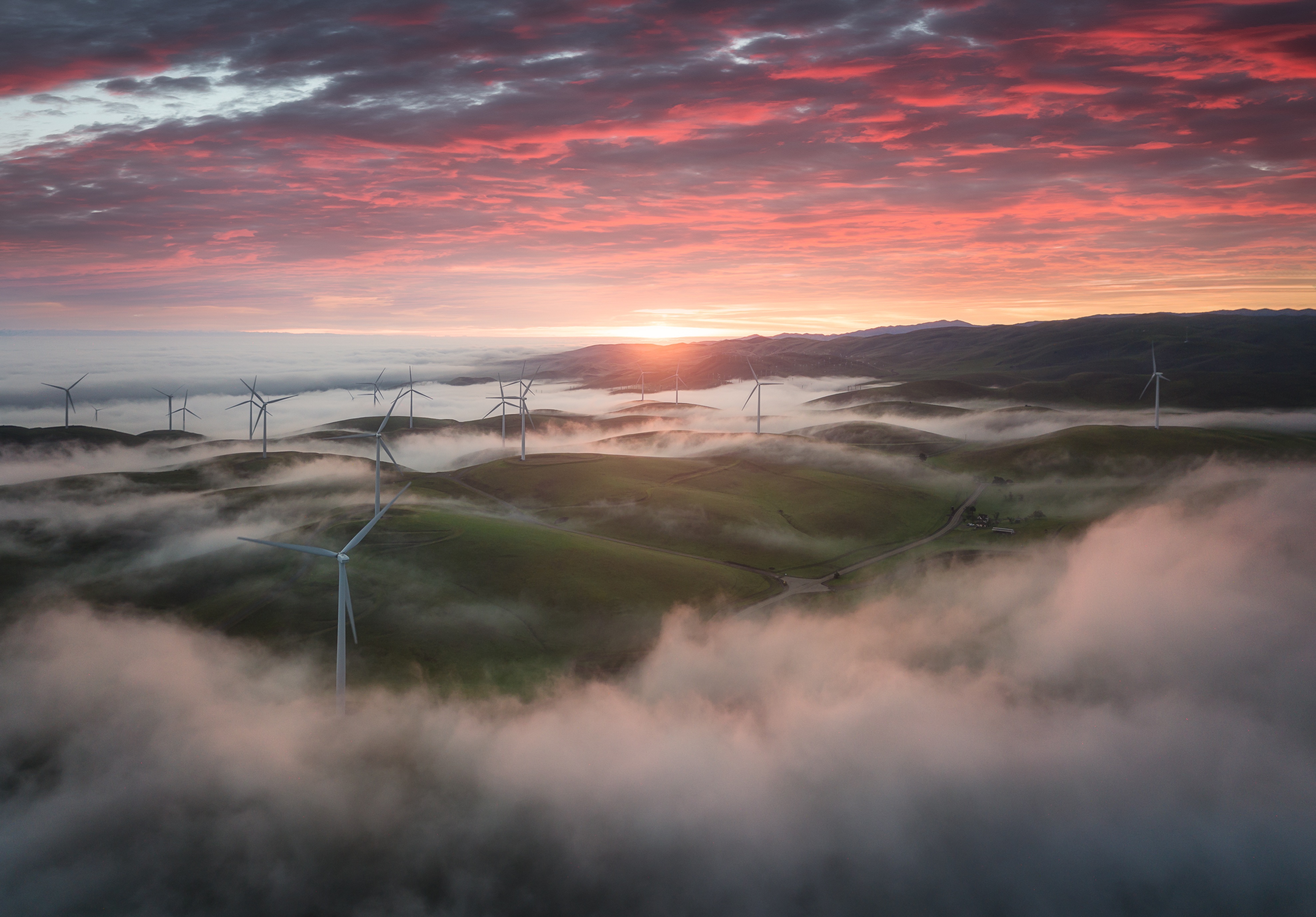 Wind Turbines in Fog at Sunrise HD Wallpaper