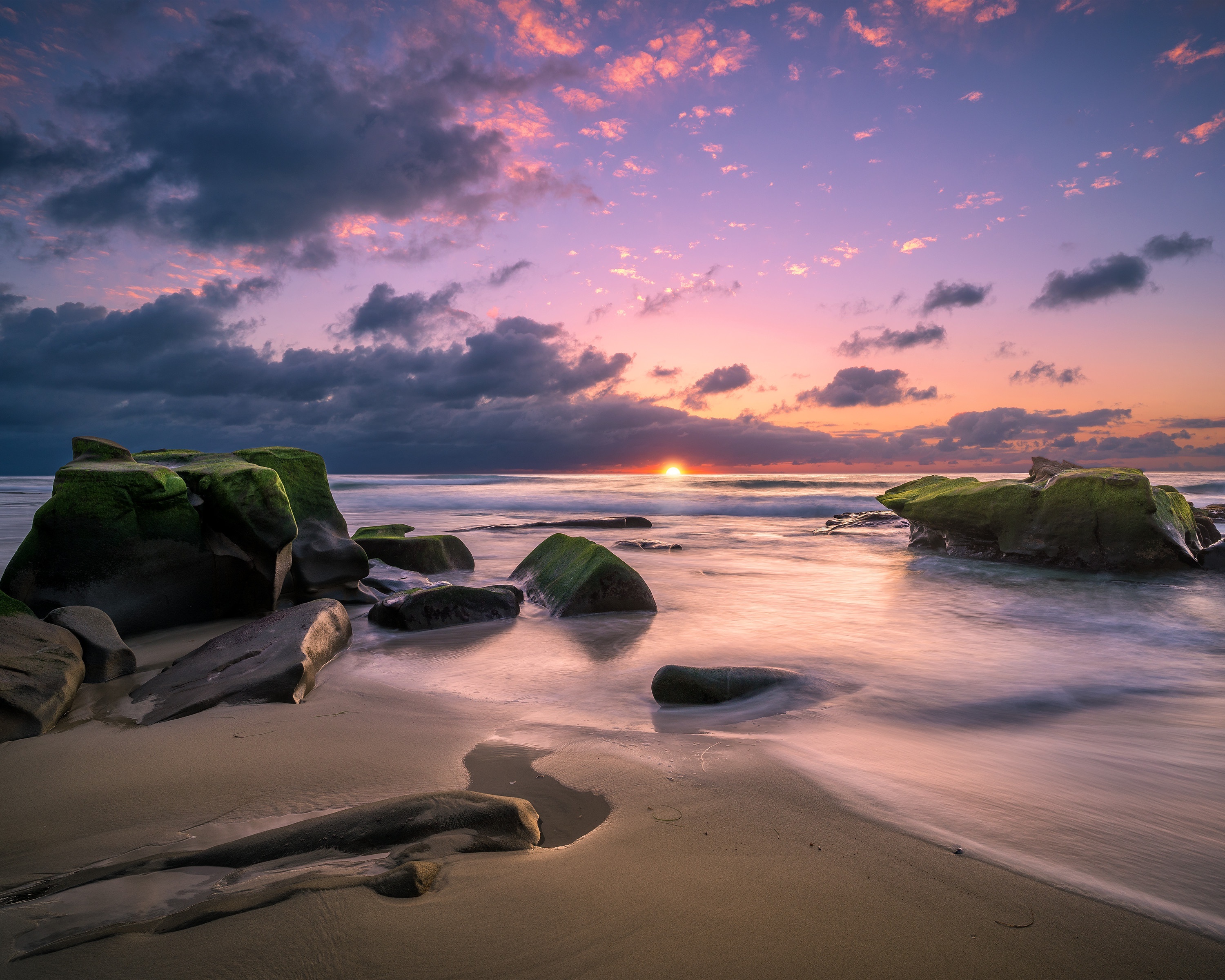 Ocean Sunset with Rocks and Clouds HD Wallpaper