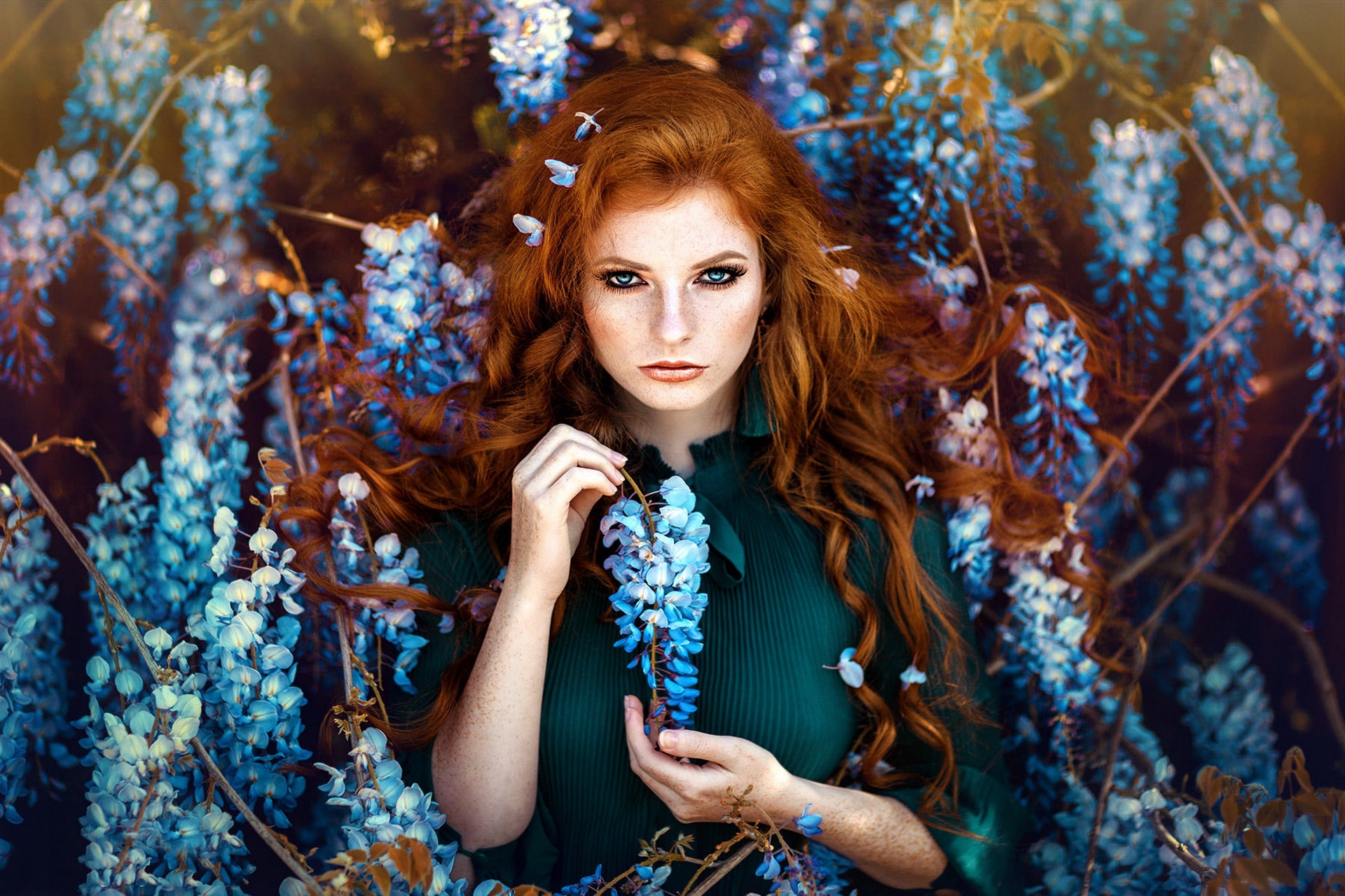 Redhead woman with blue flowers HD Wallpaper