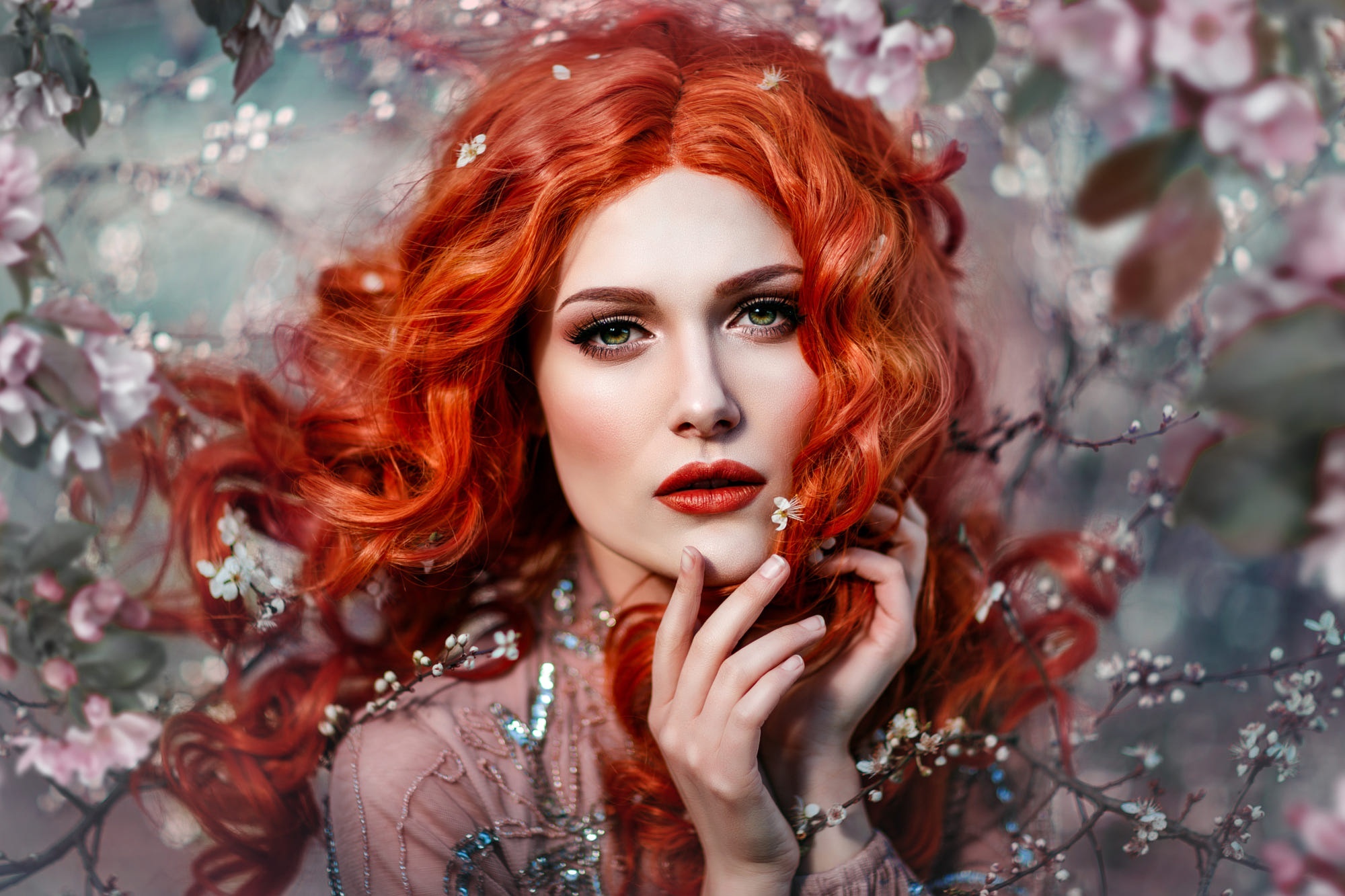Redhead woman with red lipstick and flowers HD Wallpaper