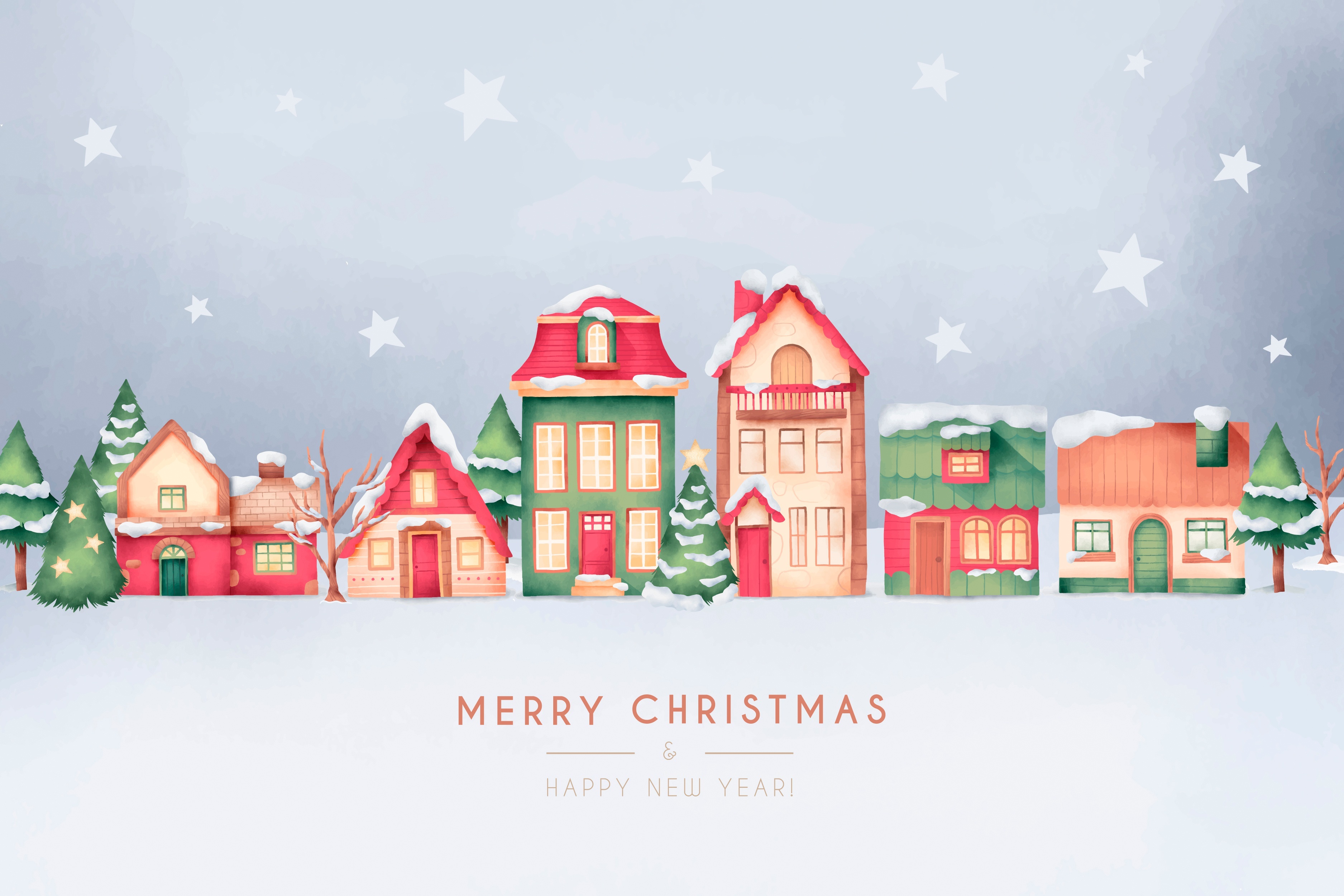 Christmas village with snow and stars HD Wallpaper