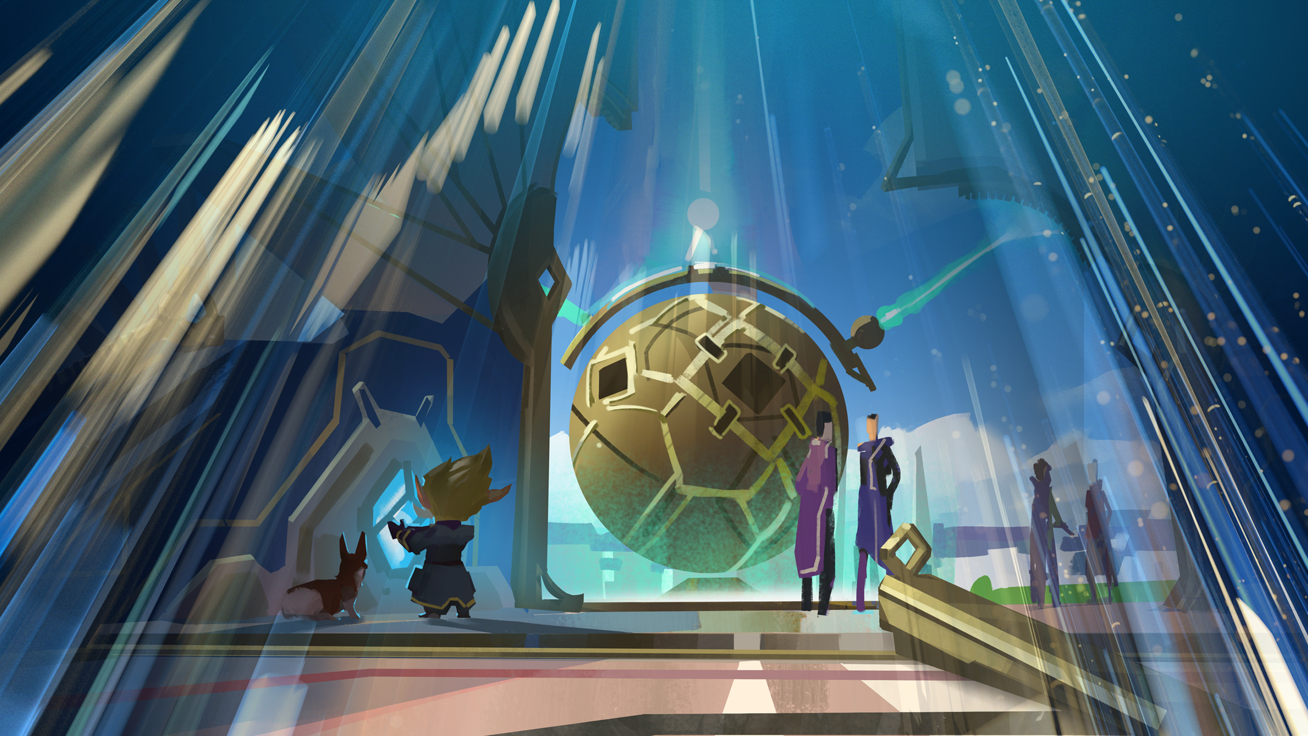 Characters in a futuristic chamber with a large orb HD Wallpaper
