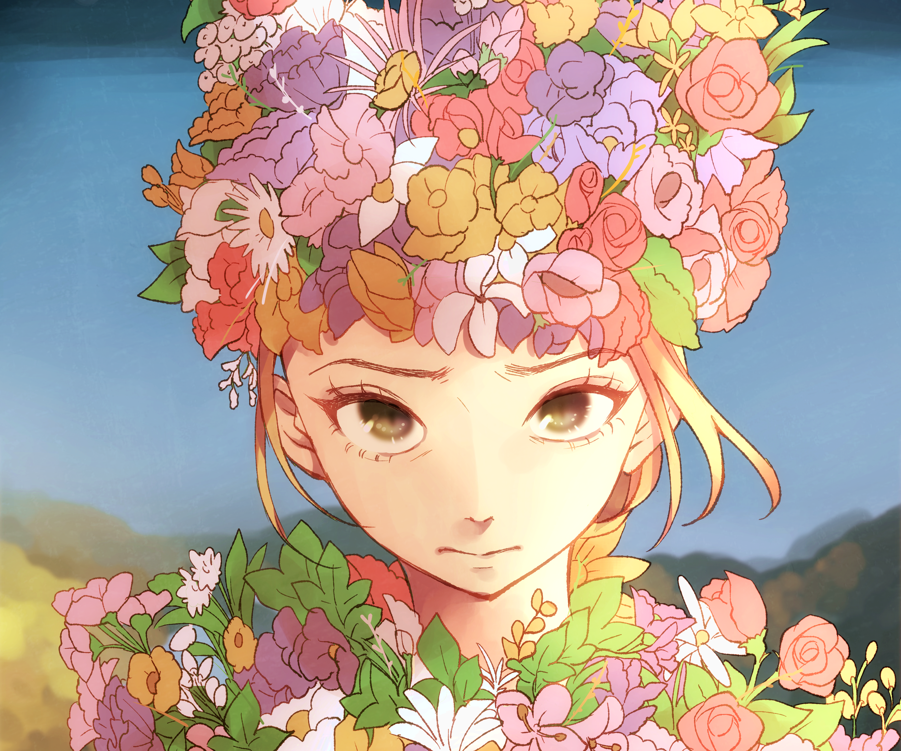 Girl with a flower crown and floral dress HD Wallpaper