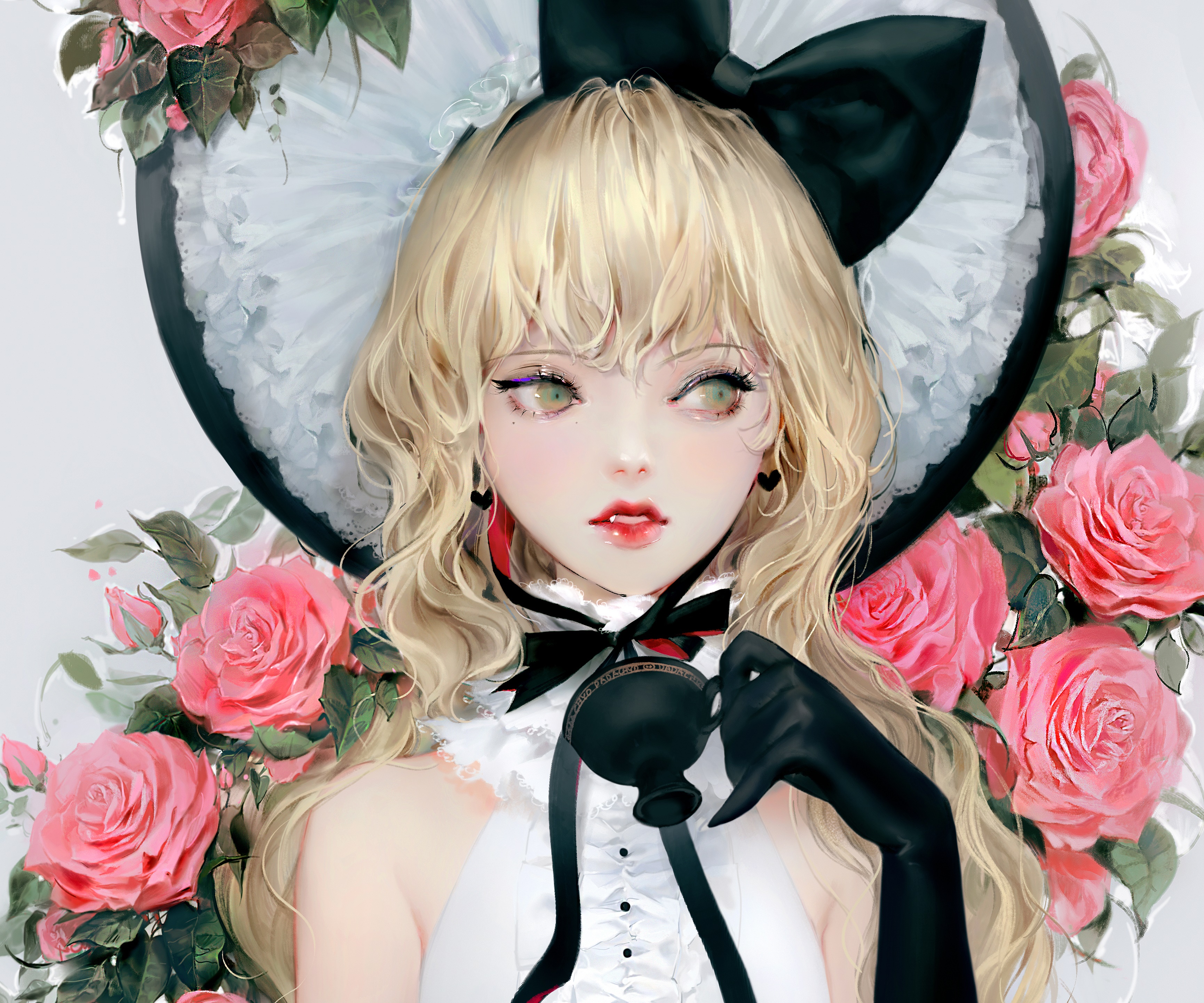 Anime girl with blonde hair and roses HD Wallpaper