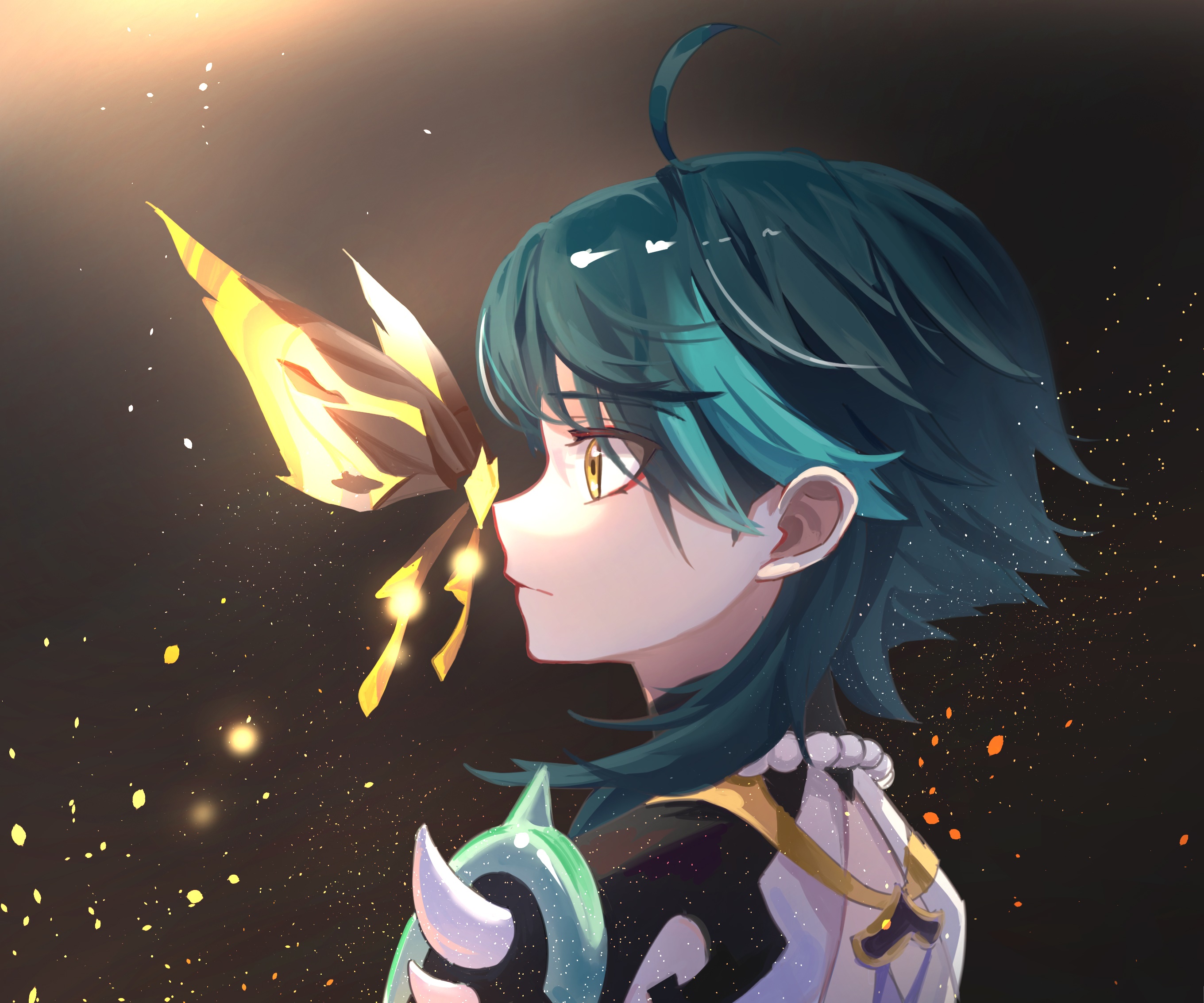 Xiao from Genshin Impact with a glowing butterfly HD Wallpaper
