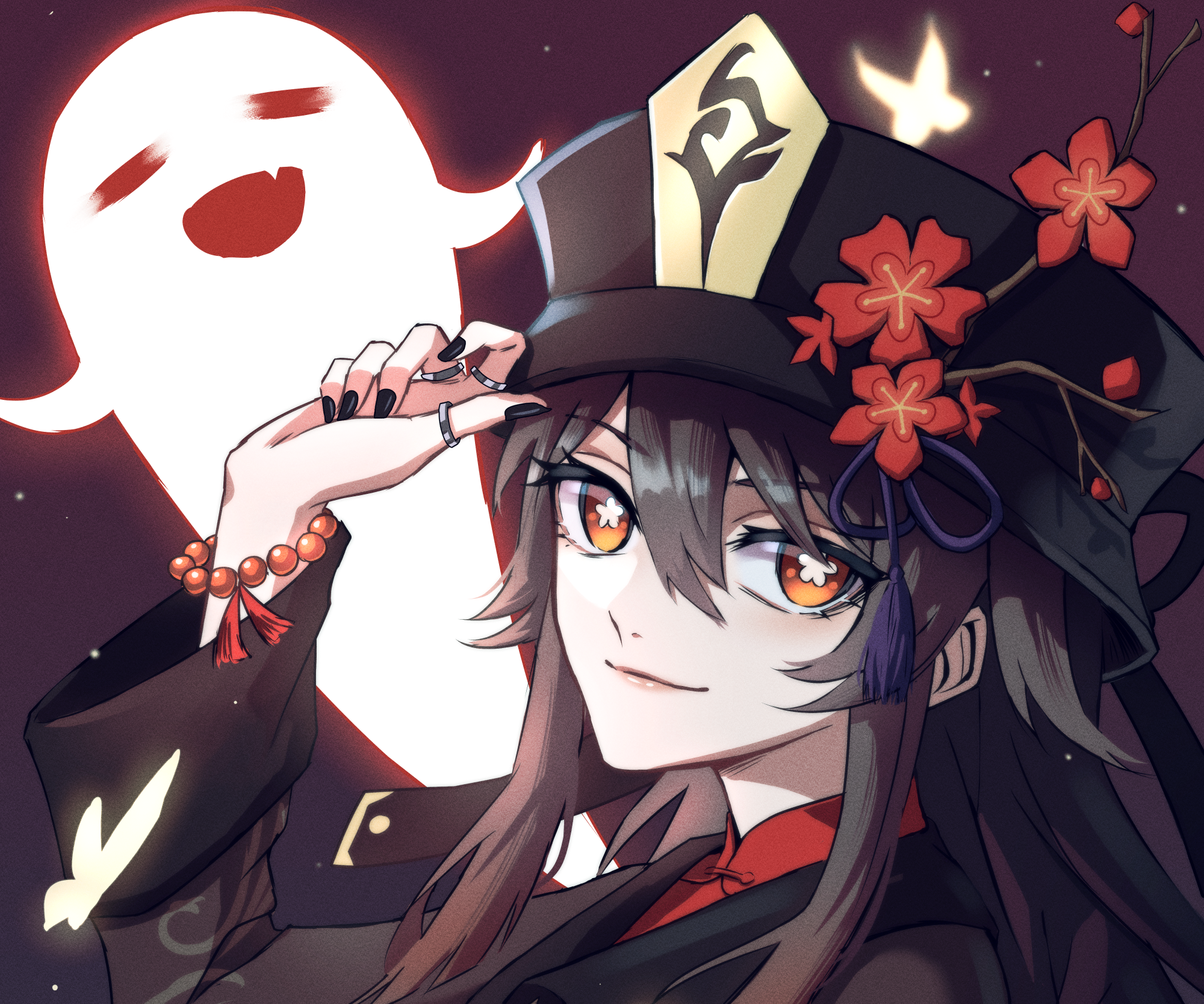Hu Tao from Genshin Impact with a ghost HD Wallpaper