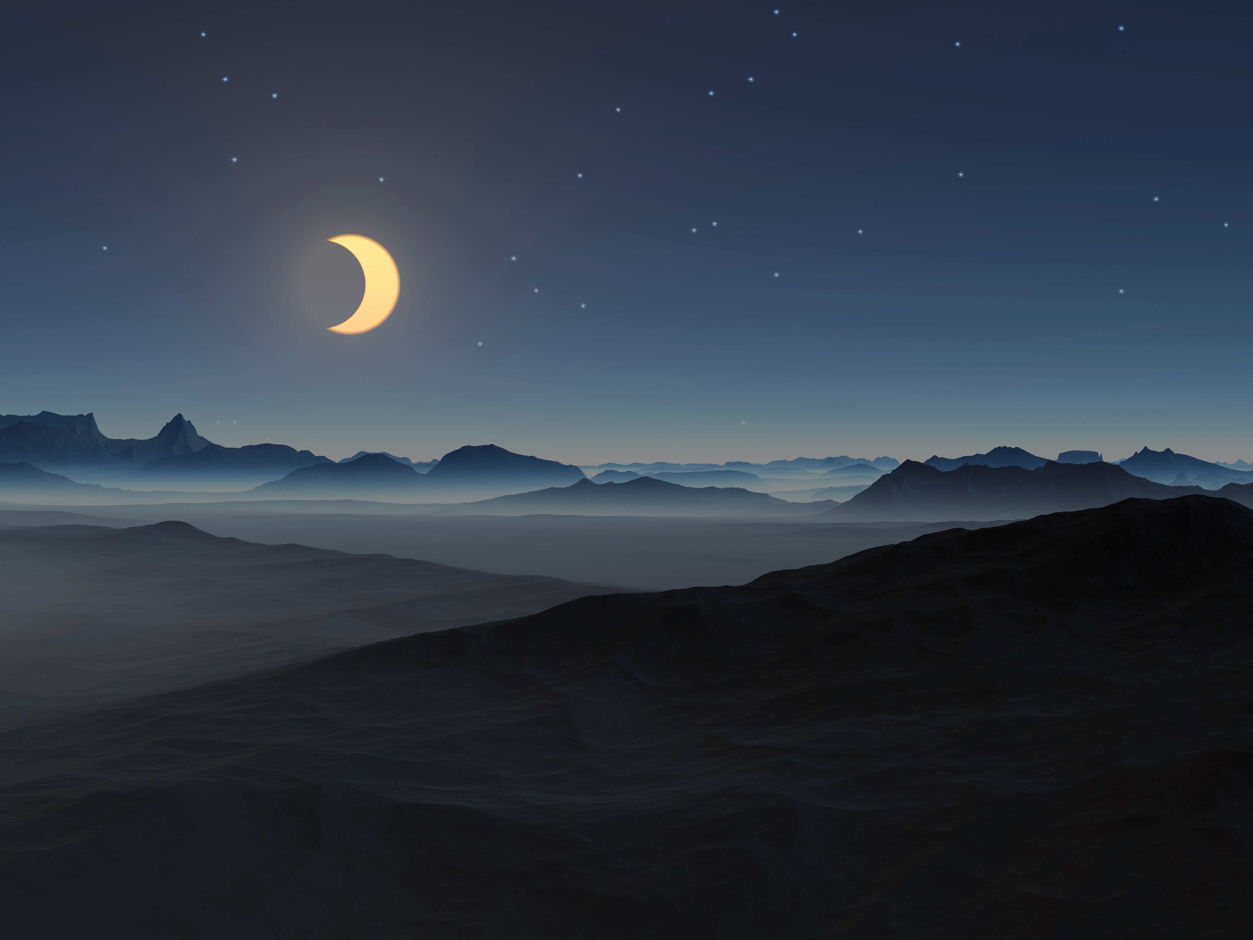 Crescent Moon over Misty Mountains at Night HD Wallpaper