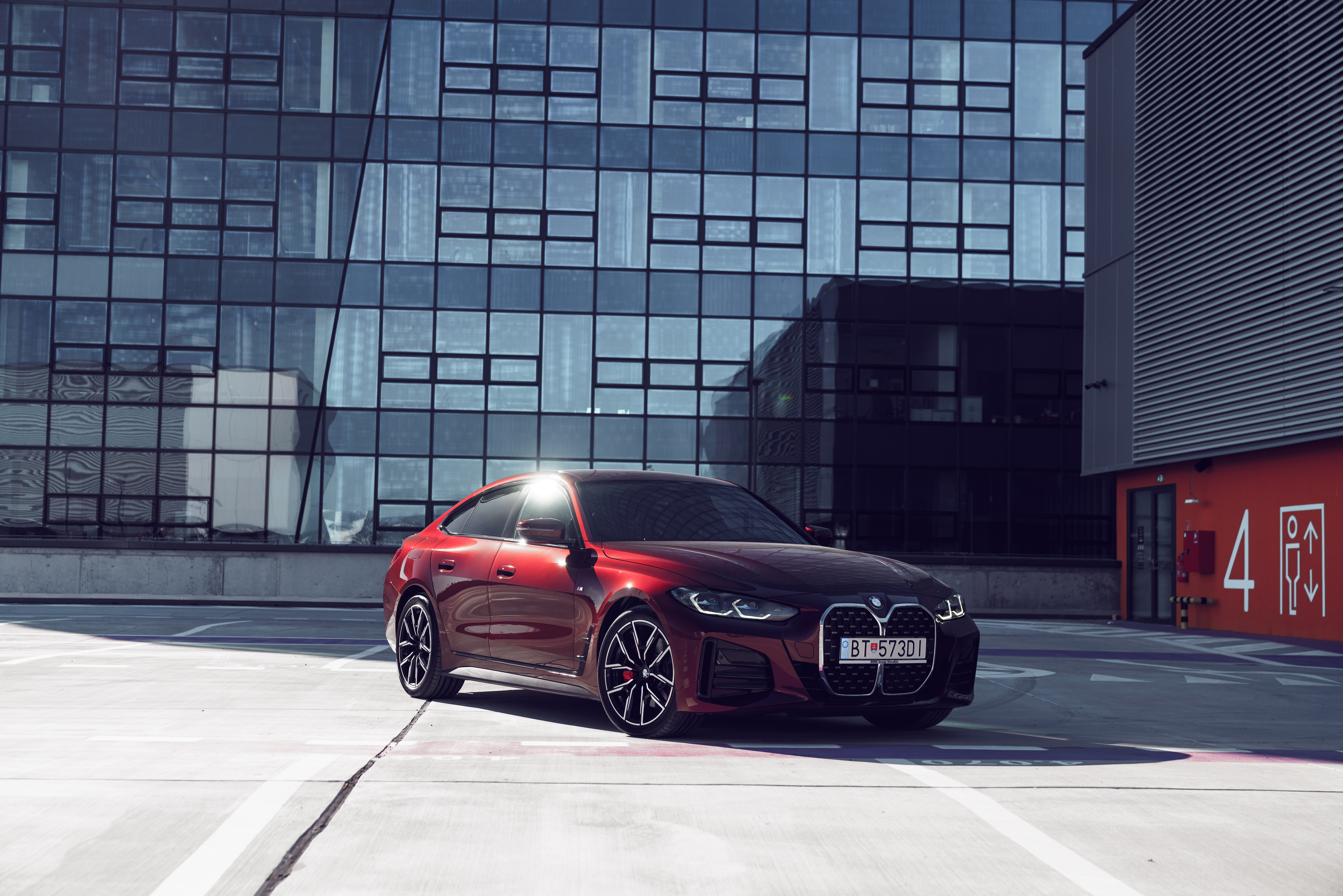 Red BMW 4 Series Gran Coupé M Sport parked HD Wallpaper