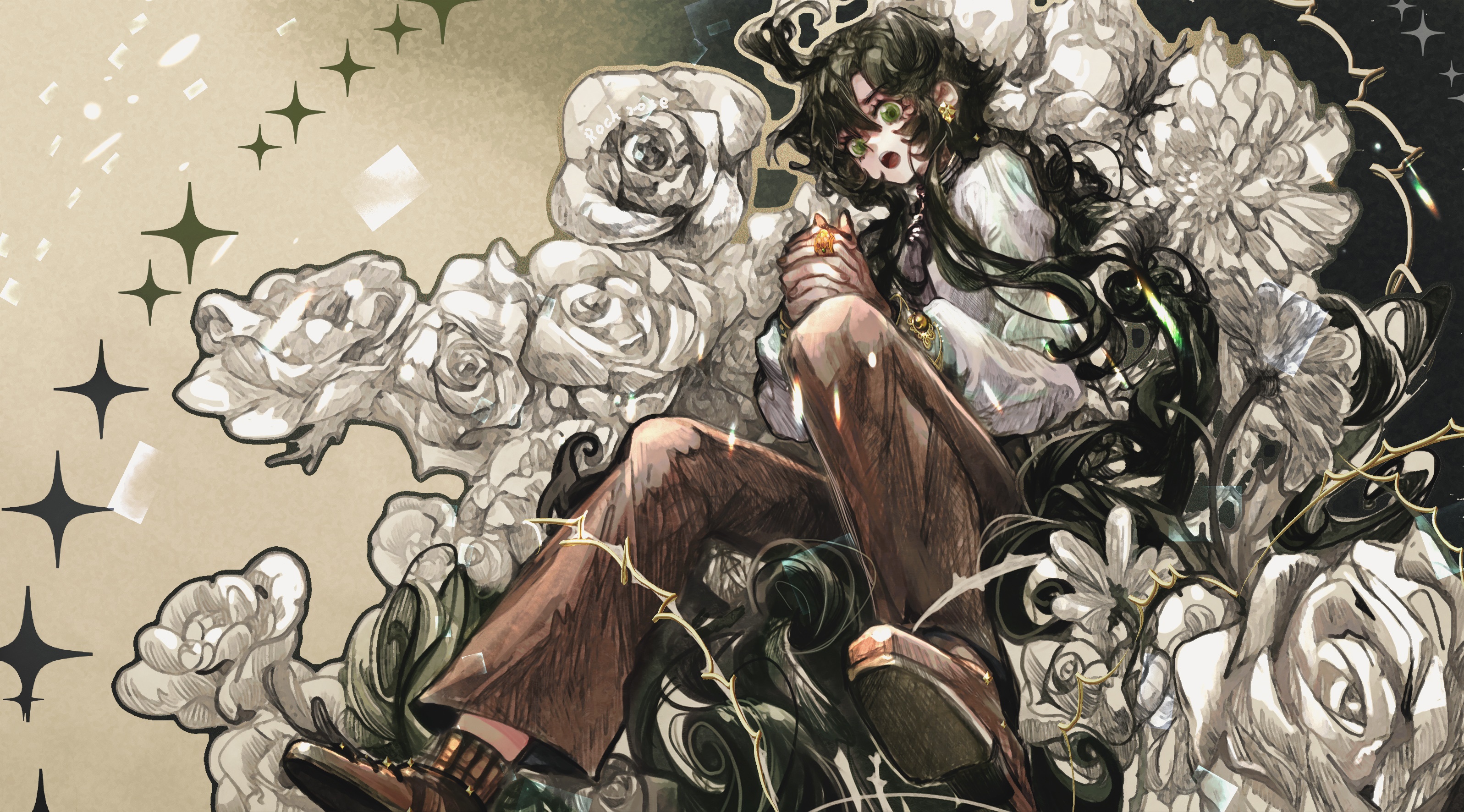 Girl with black hair and multiple eyes surrounded by flowers HD Wallpaper