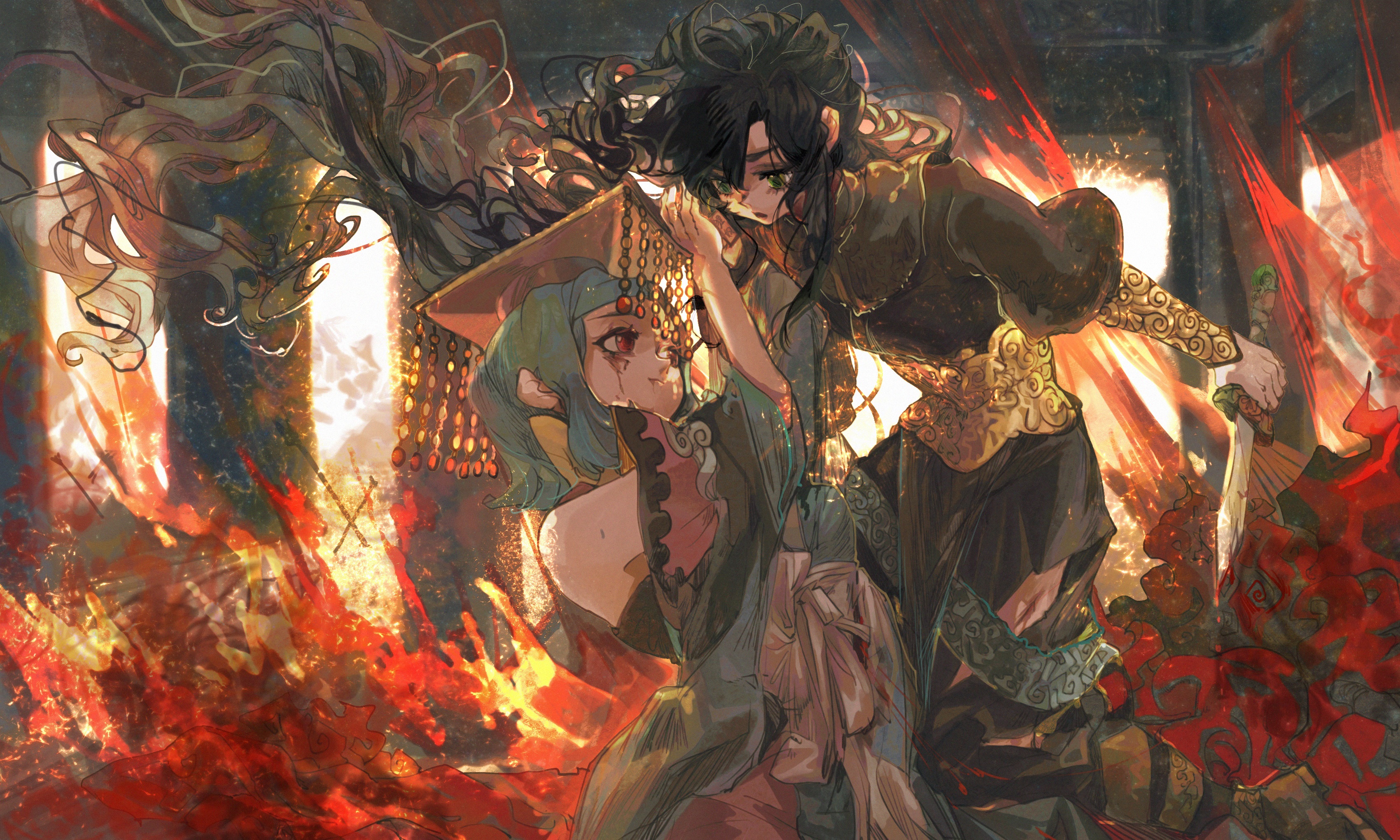 Two anime characters in a dramatic confrontation HD Wallpaper