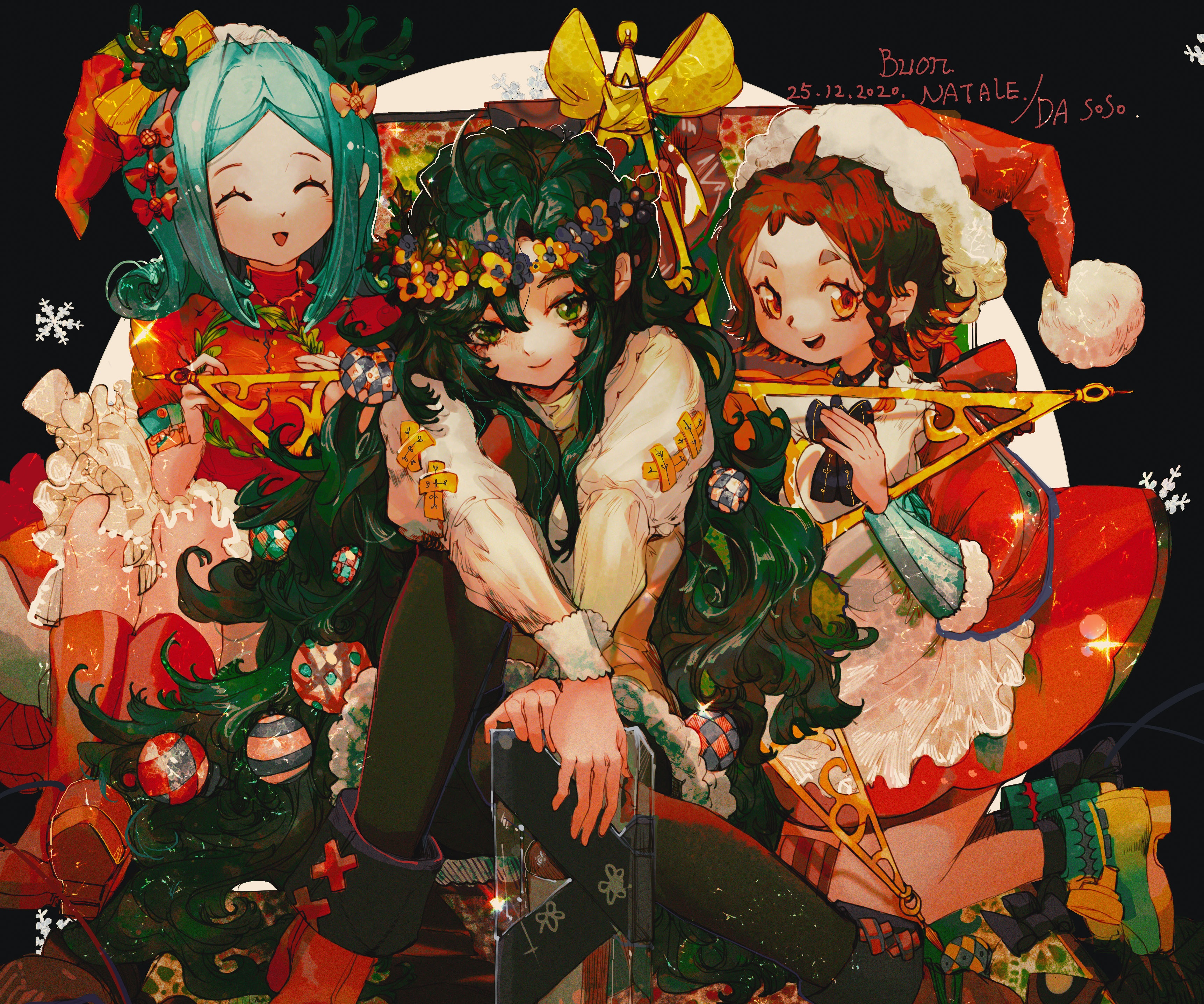 Three girls in Christmas outfits with Christmas tree decorations HD Wallpaper