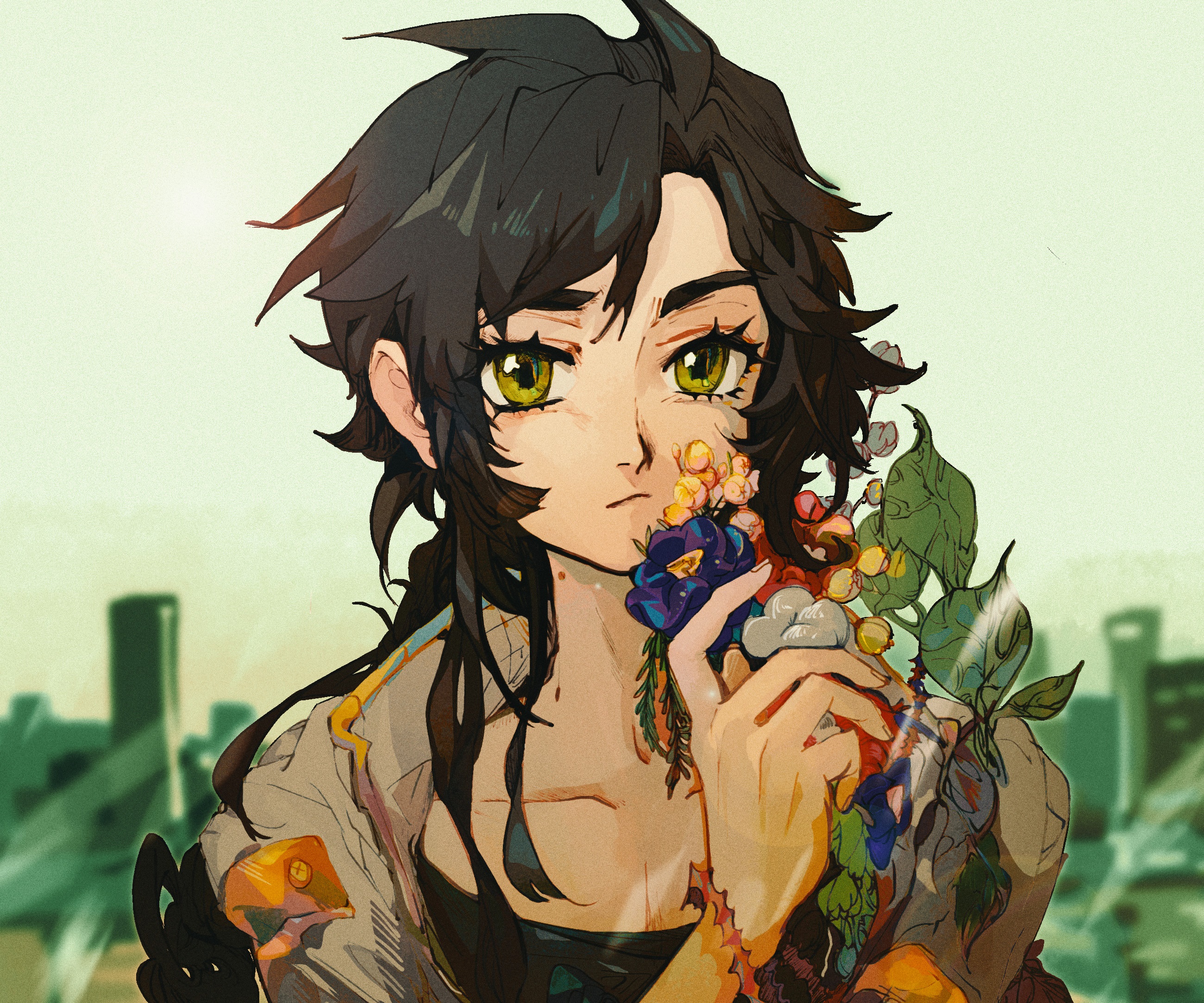 Girl with black hair and green eyes holding flowers HD Wallpaper