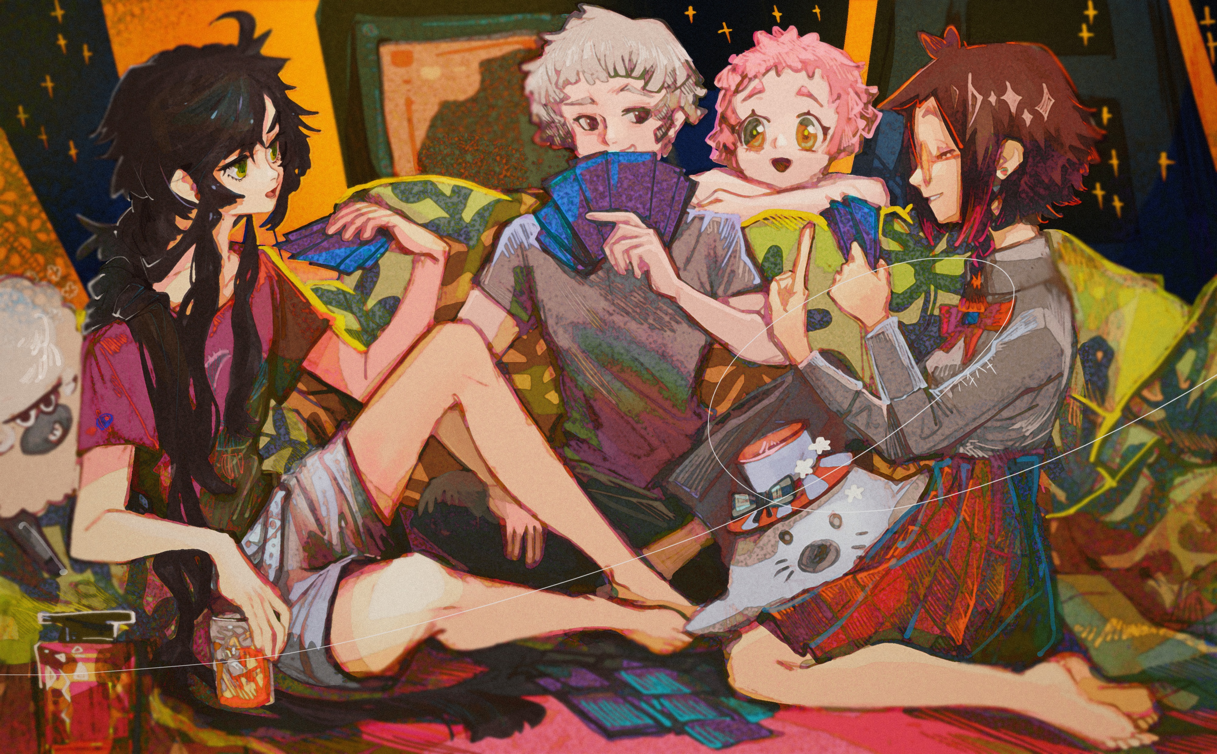 Four friends playing cards on a couch HD Wallpaper