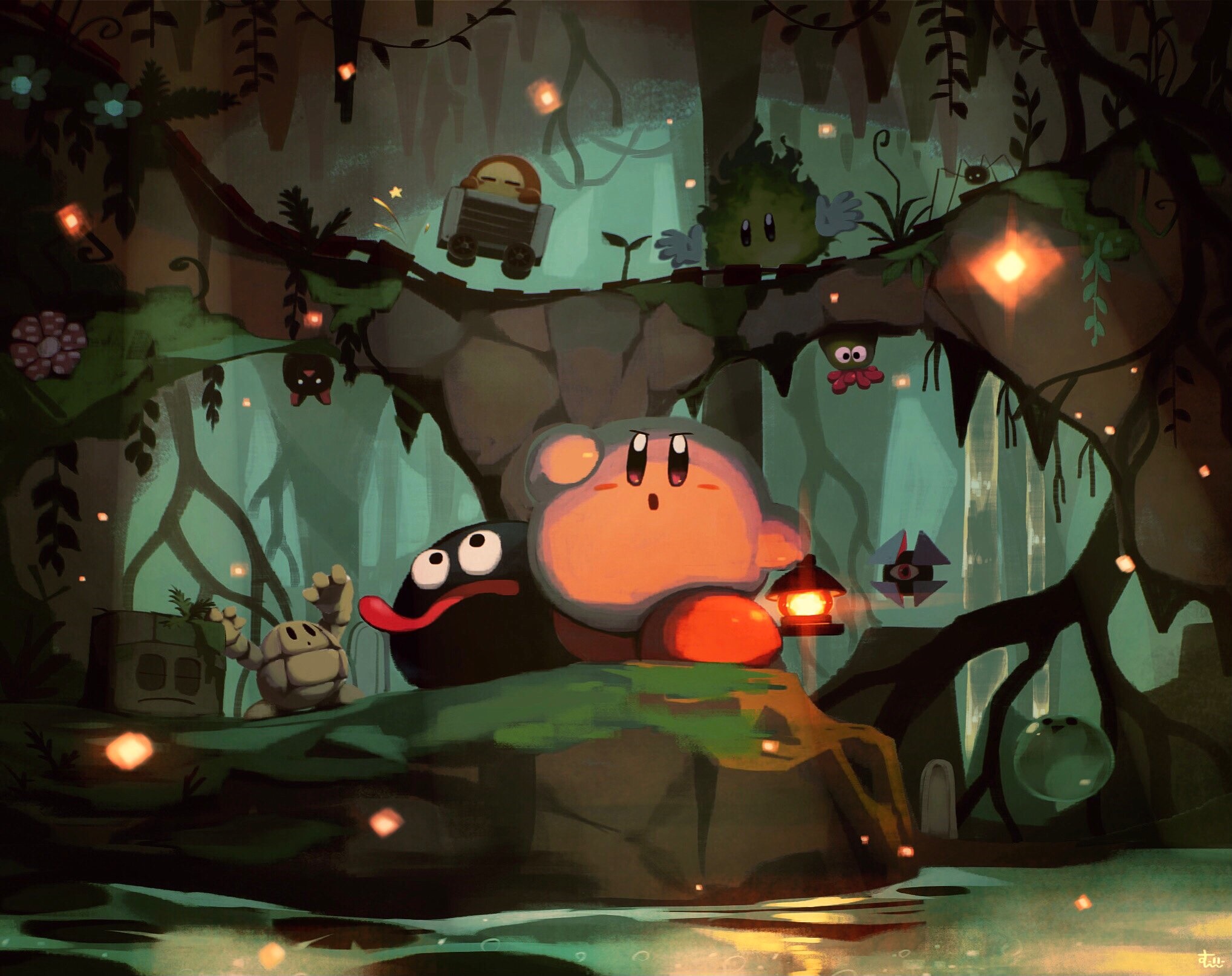 Kirby and friends in a dark forest HD Wallpaper