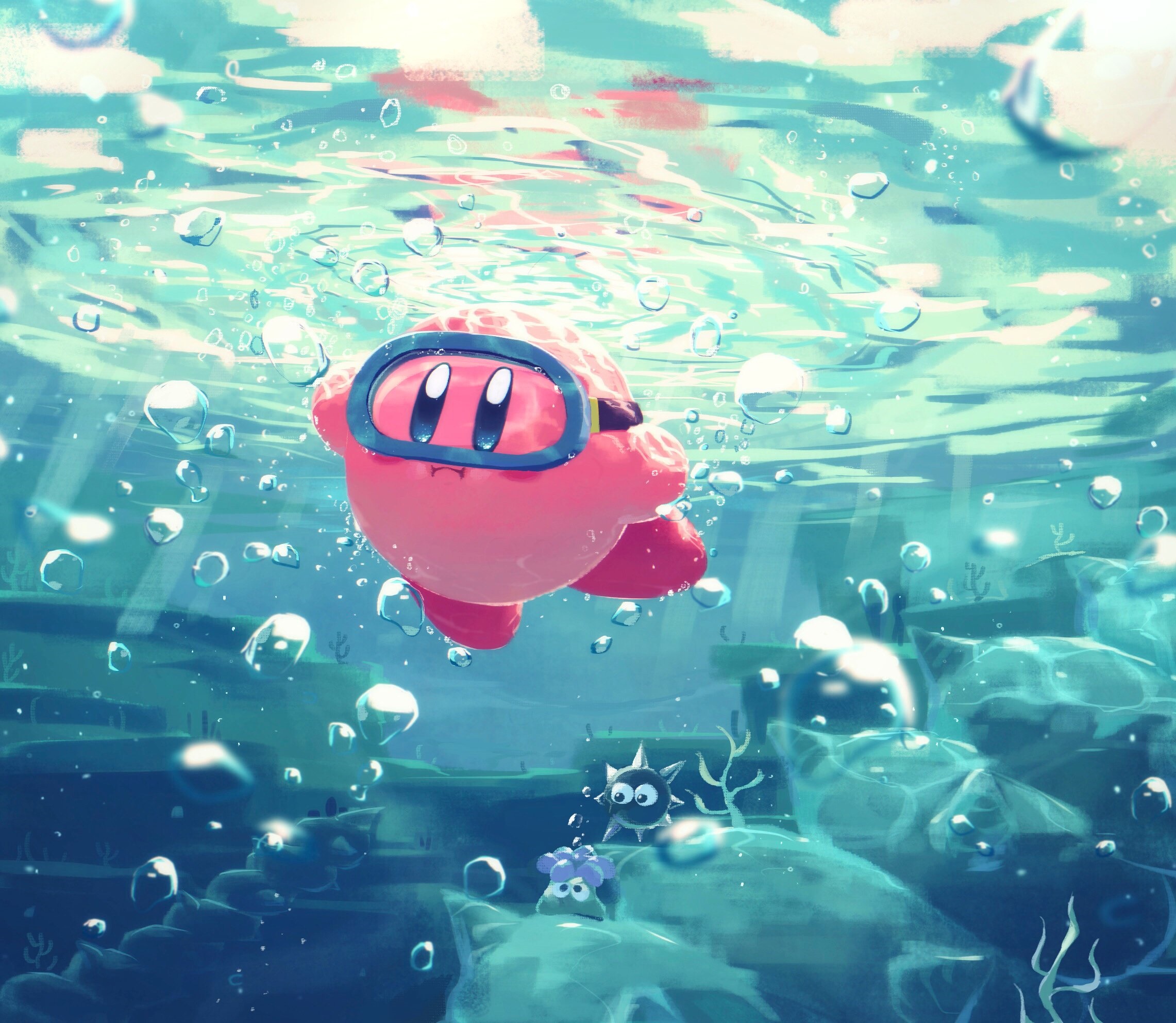 Kirby underwater with goggles HD Wallpaper
