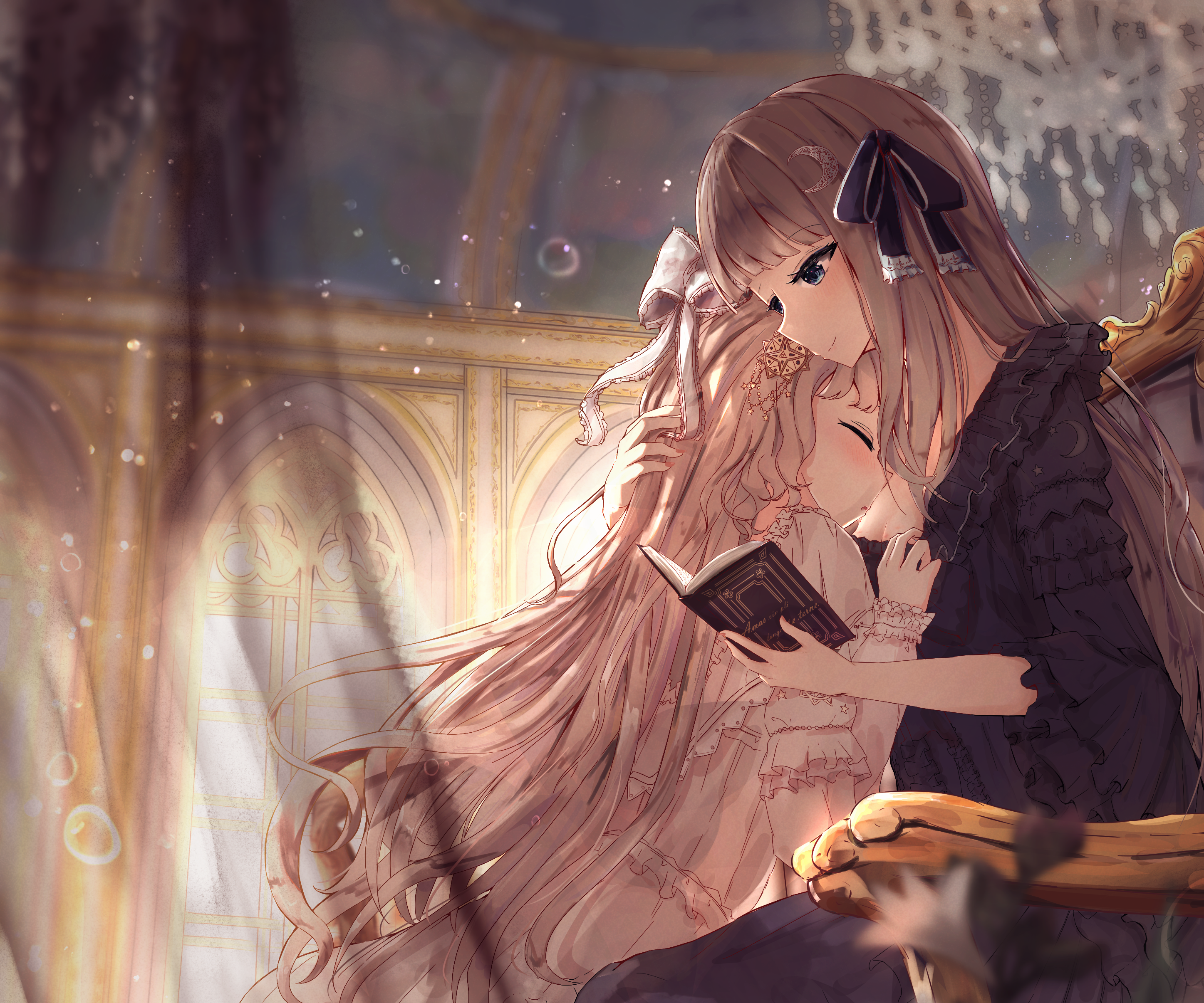 Two girls reading a book in a room HD Wallpaper