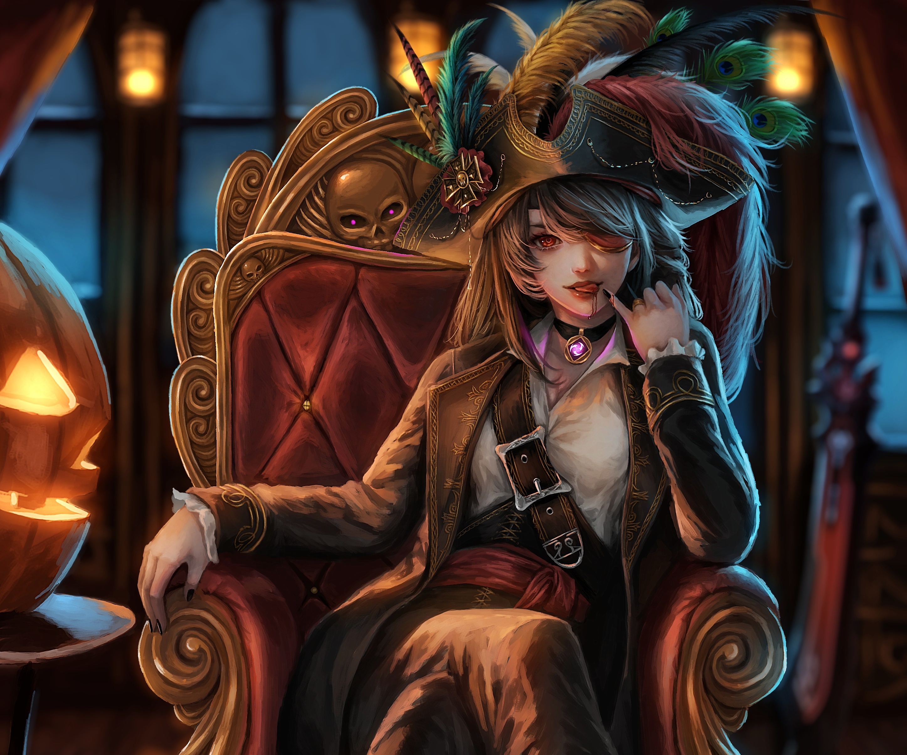 Pirate Beidou from Genshin Impact sitting on a throne HD Wallpaper
