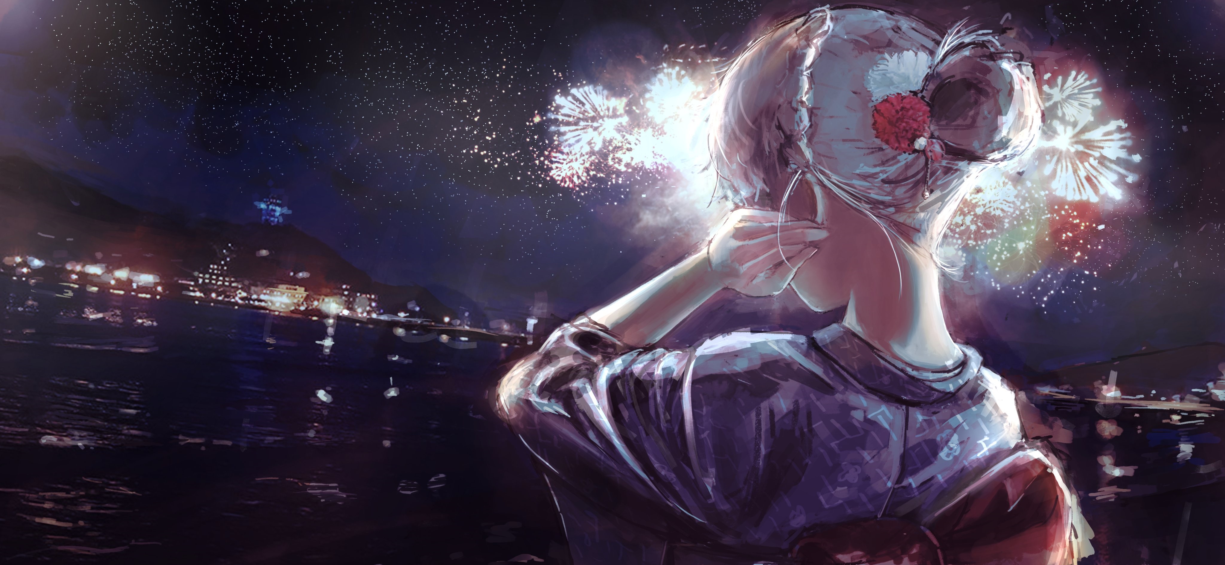 Sodachi Oikura from Monogatari Series watching fireworks HD Wallpaper