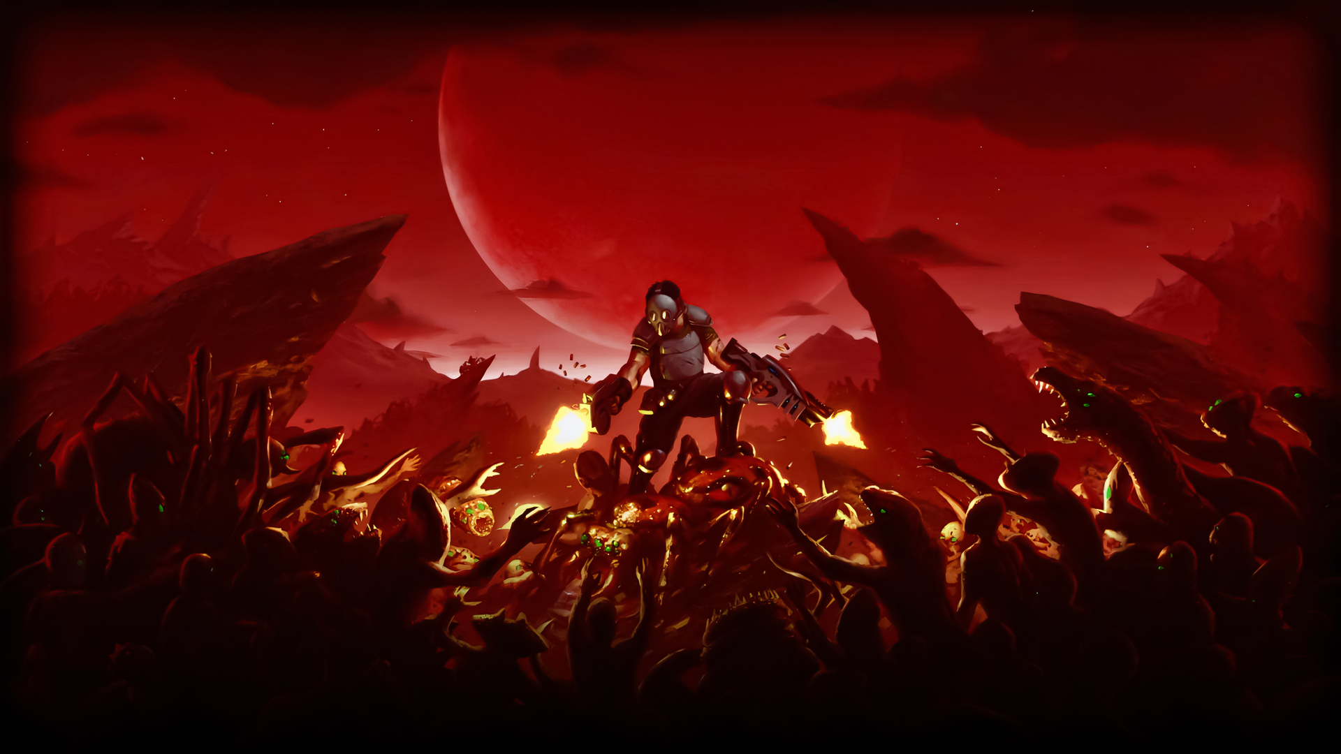 Crimsonland: Player fighting monsters on a red planet HD Wallpaper