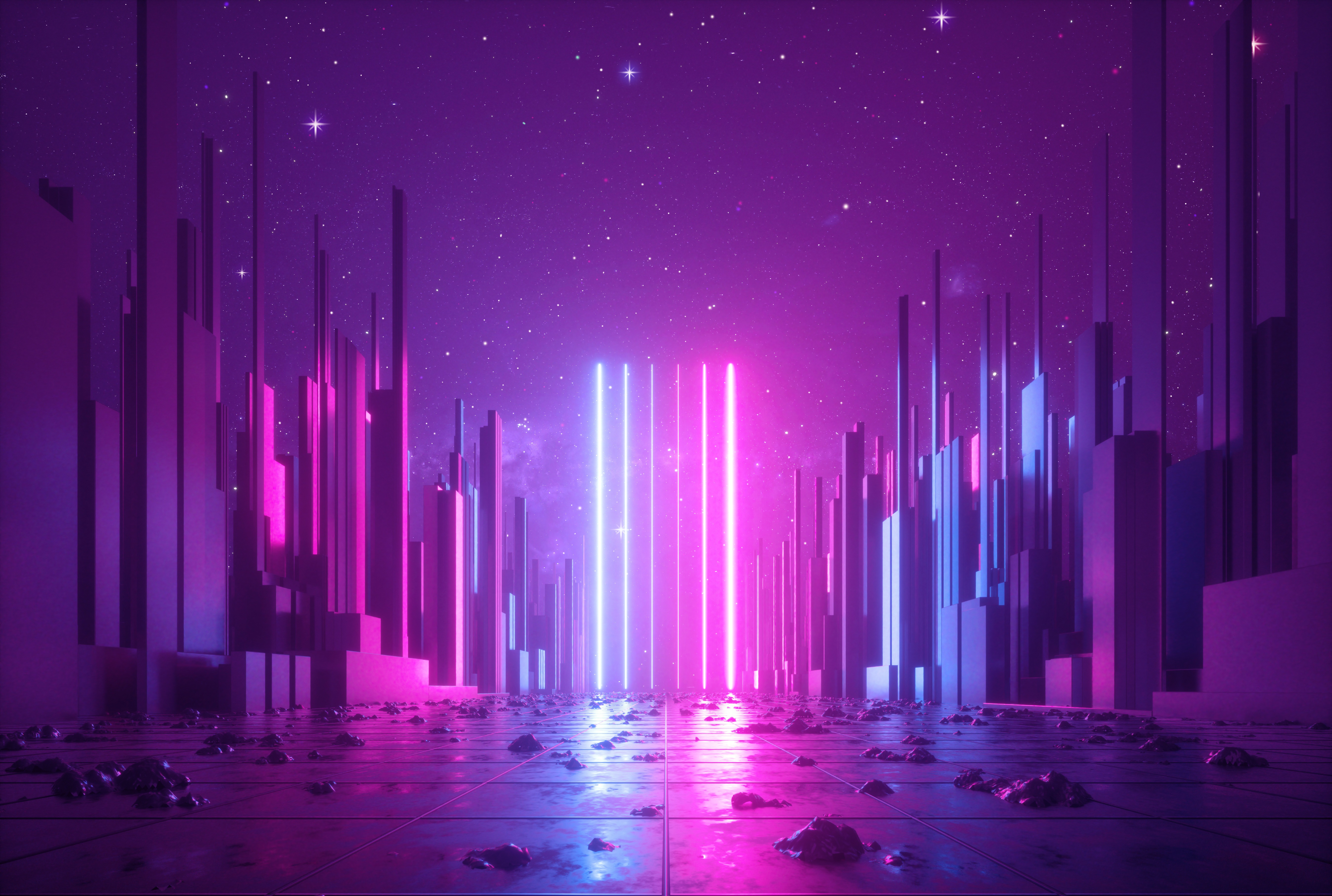 Neon Cityscape with Stars and Lights HD Wallpaper