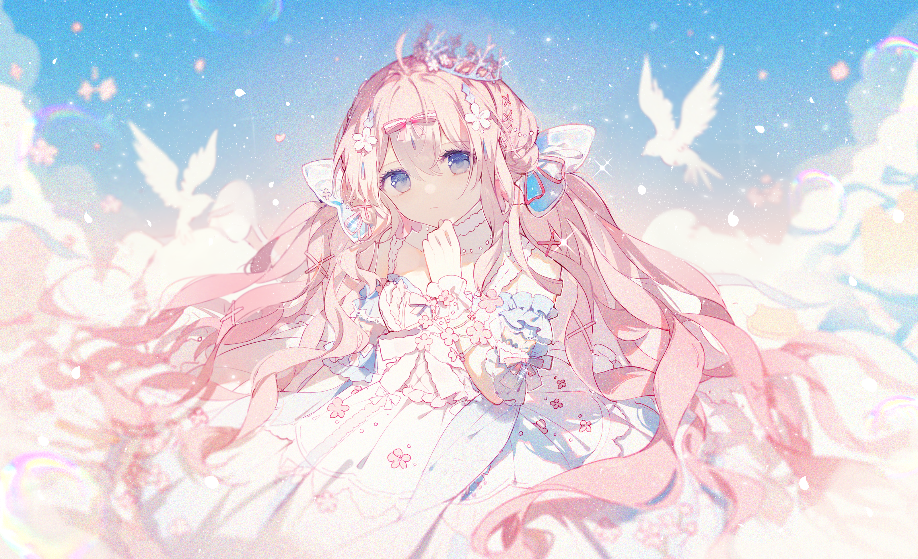 Anime girl with pink hair and crown HD Wallpaper