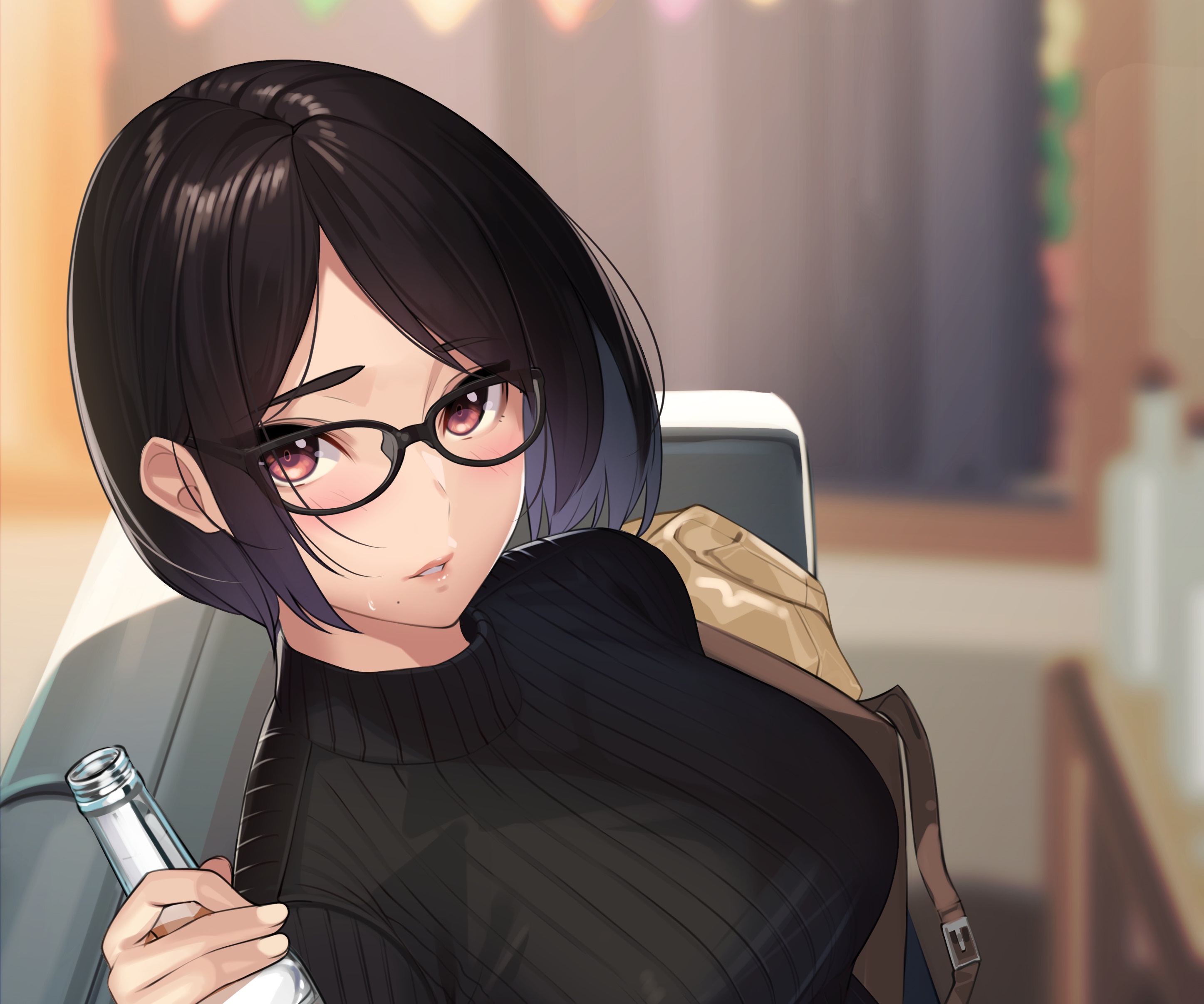 Girl with glasses and short hair holding a bottle HD Wallpaper