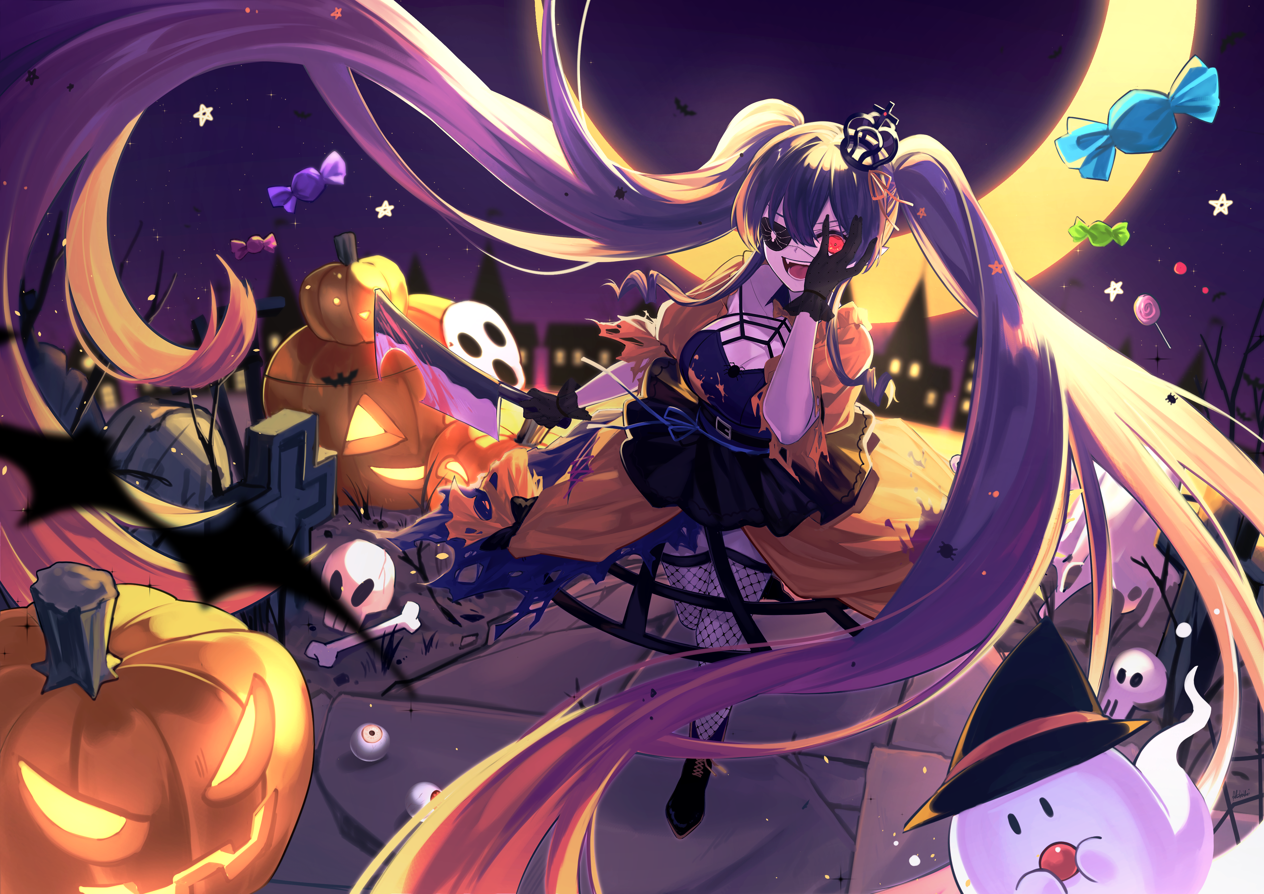 Girl in Halloween Costume with Pumpkins 4K HD Wallpaper