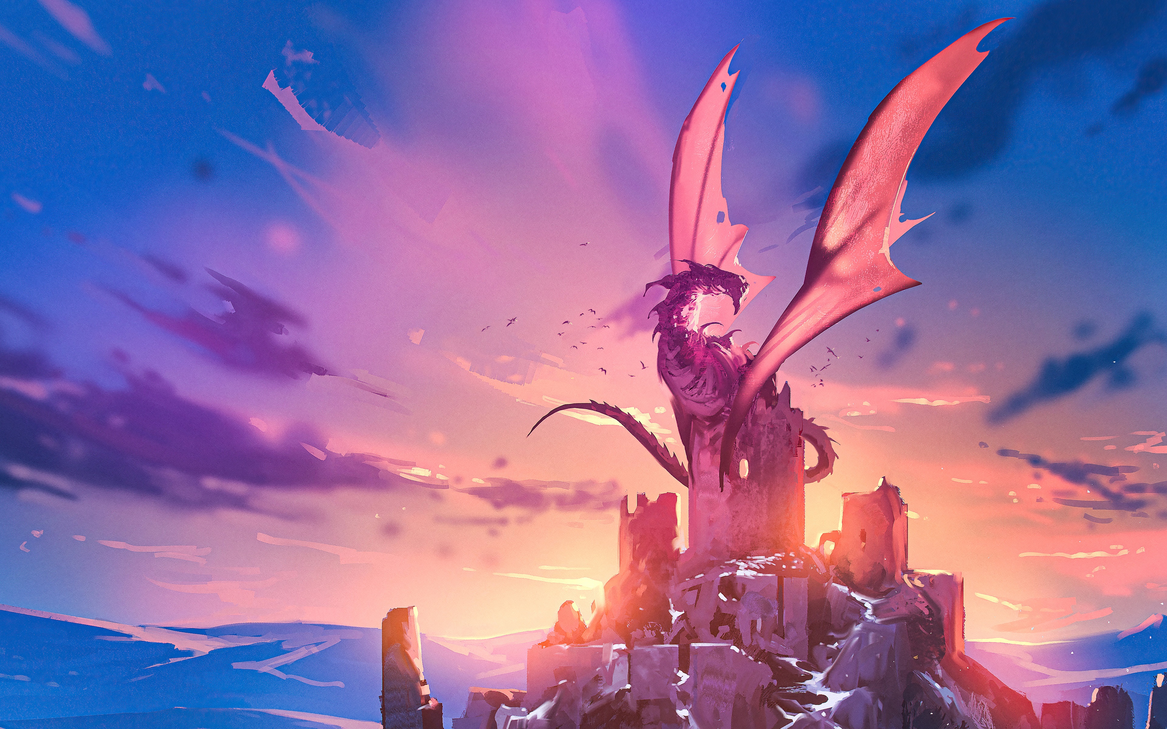 Dragon on a ruined castle at sunset 4K HD Wallpaper