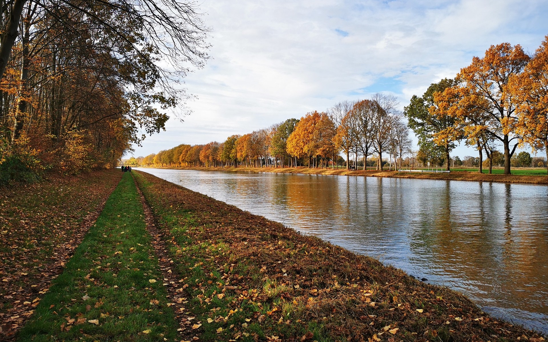 Autumn path along a canal with colorful trees HD Wallpaper