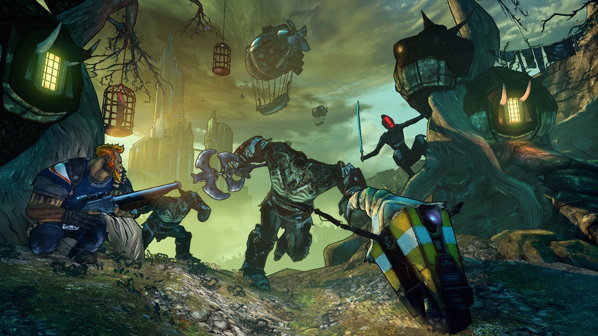 Tiny Tina's Assault on Dragon Keep characters fighting a monster HD Wallpaper