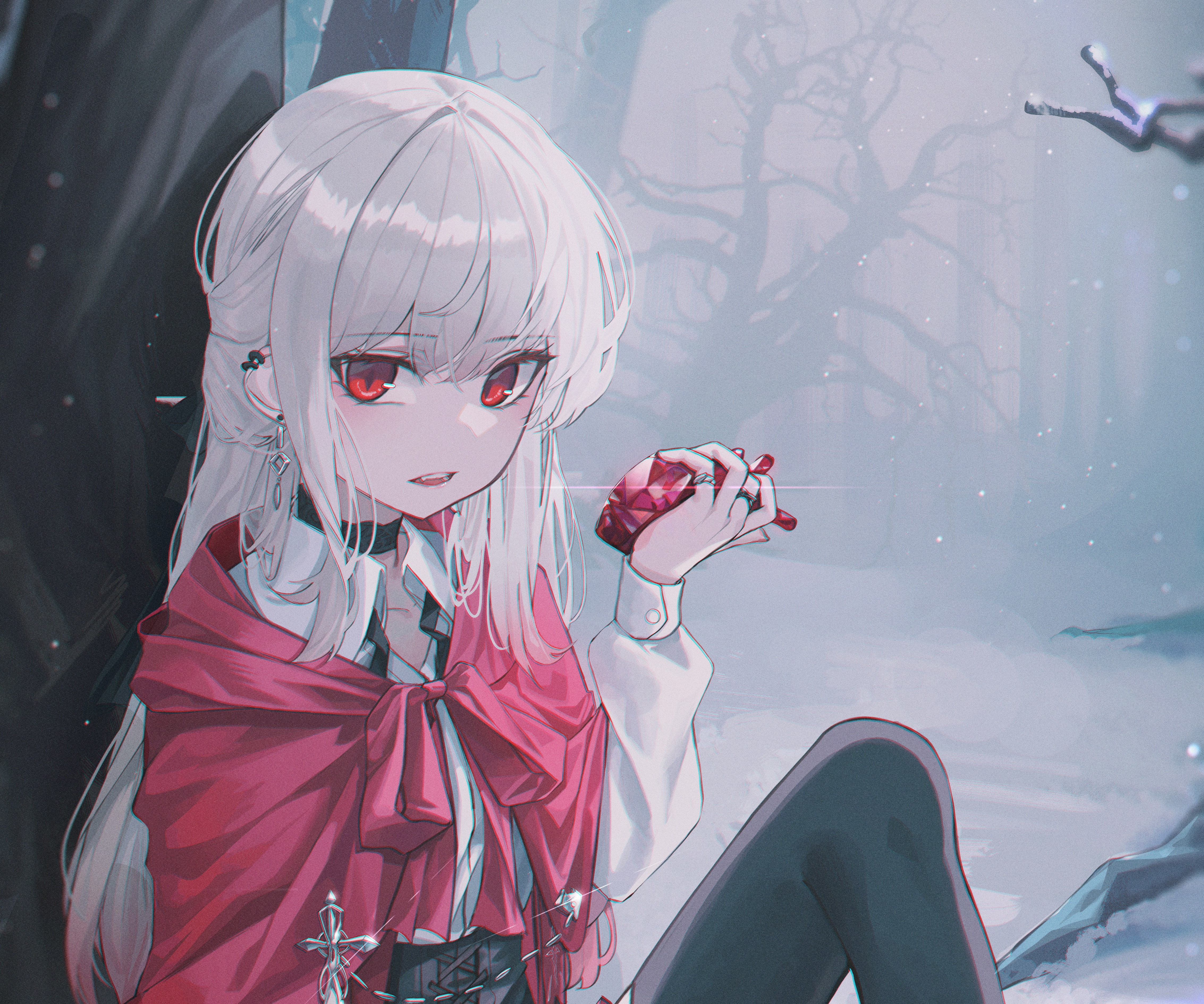 Girl with red eyes and red cloak holding a gem HD Wallpaper