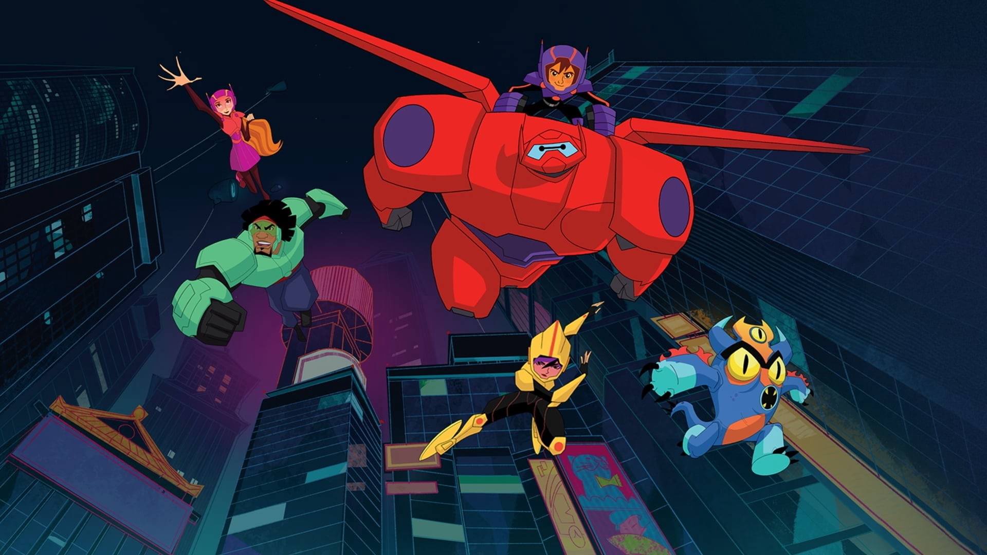 Big Hero 6: The Series characters flying over city HD Wallpaper