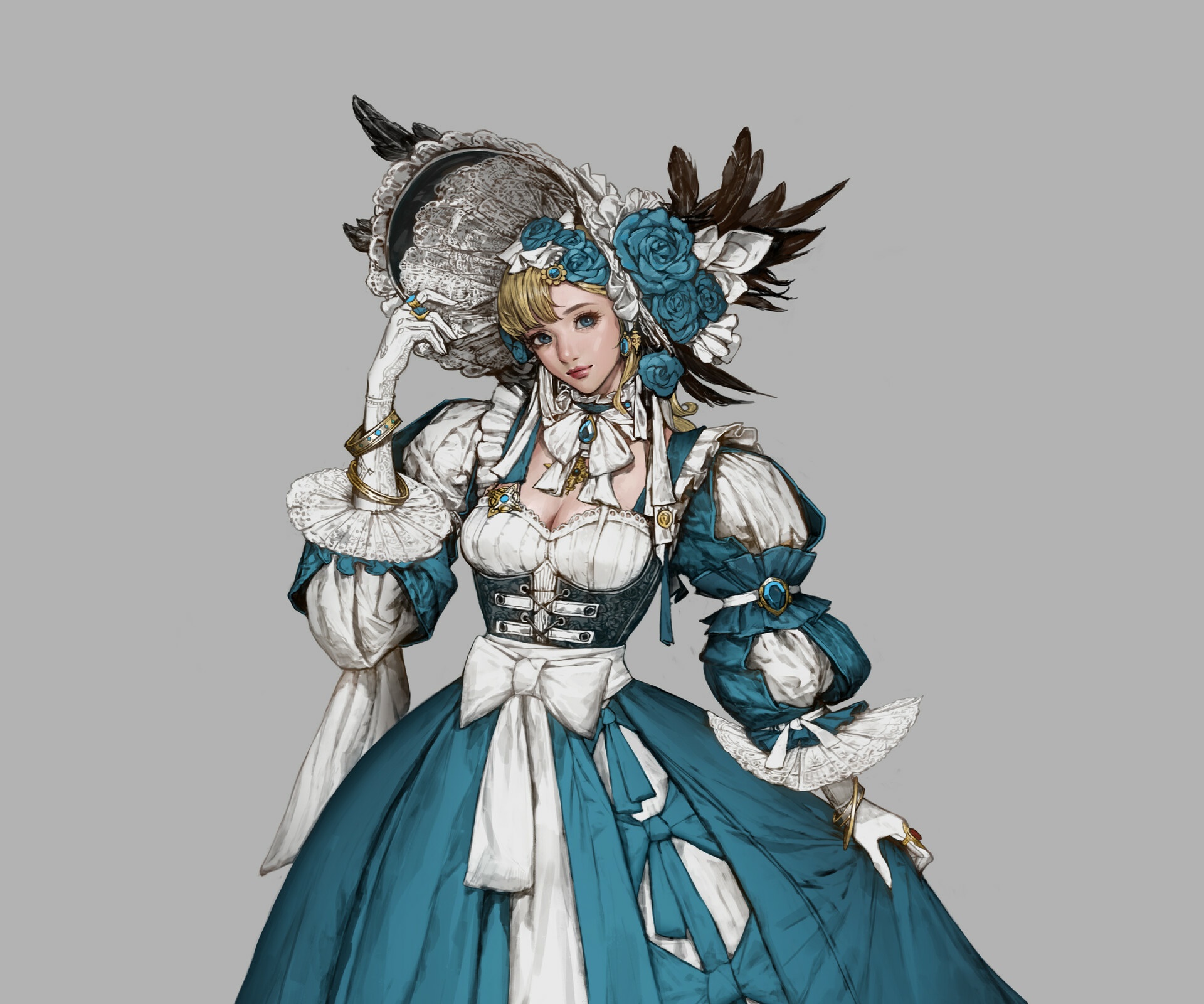 Girl in a blue and white Victorian dress HD Wallpaper