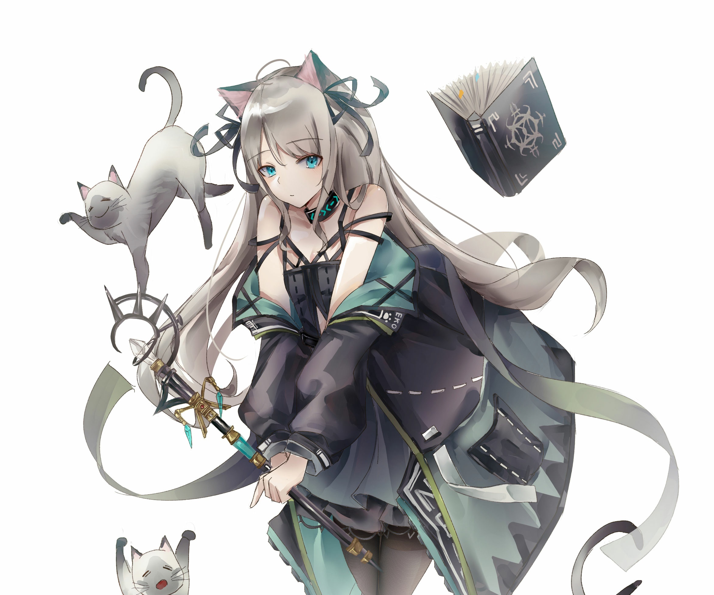 Mint from Arknights with cats and a book HD Wallpaper