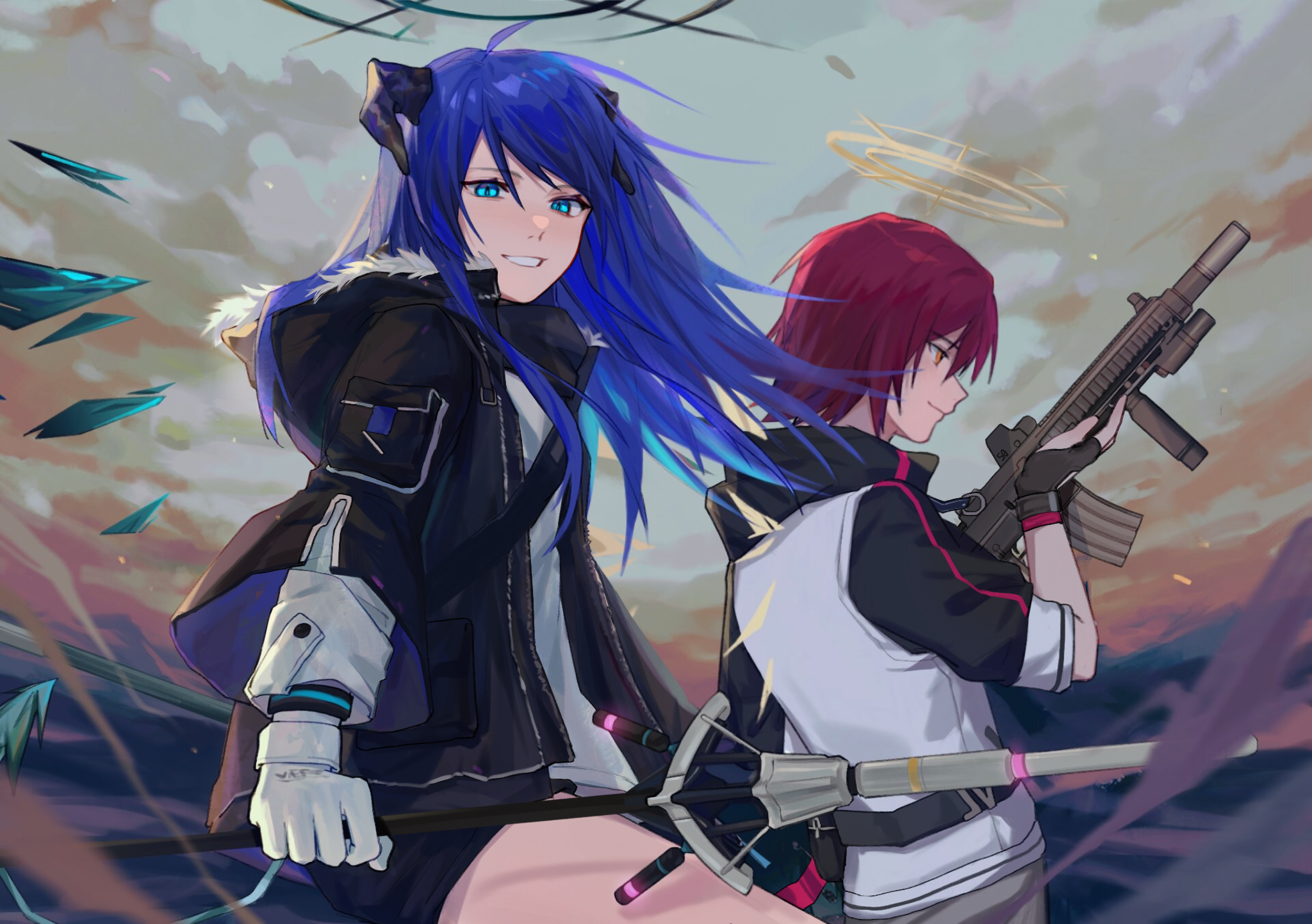 Arknights characters with blue and red hair HD Wallpaper