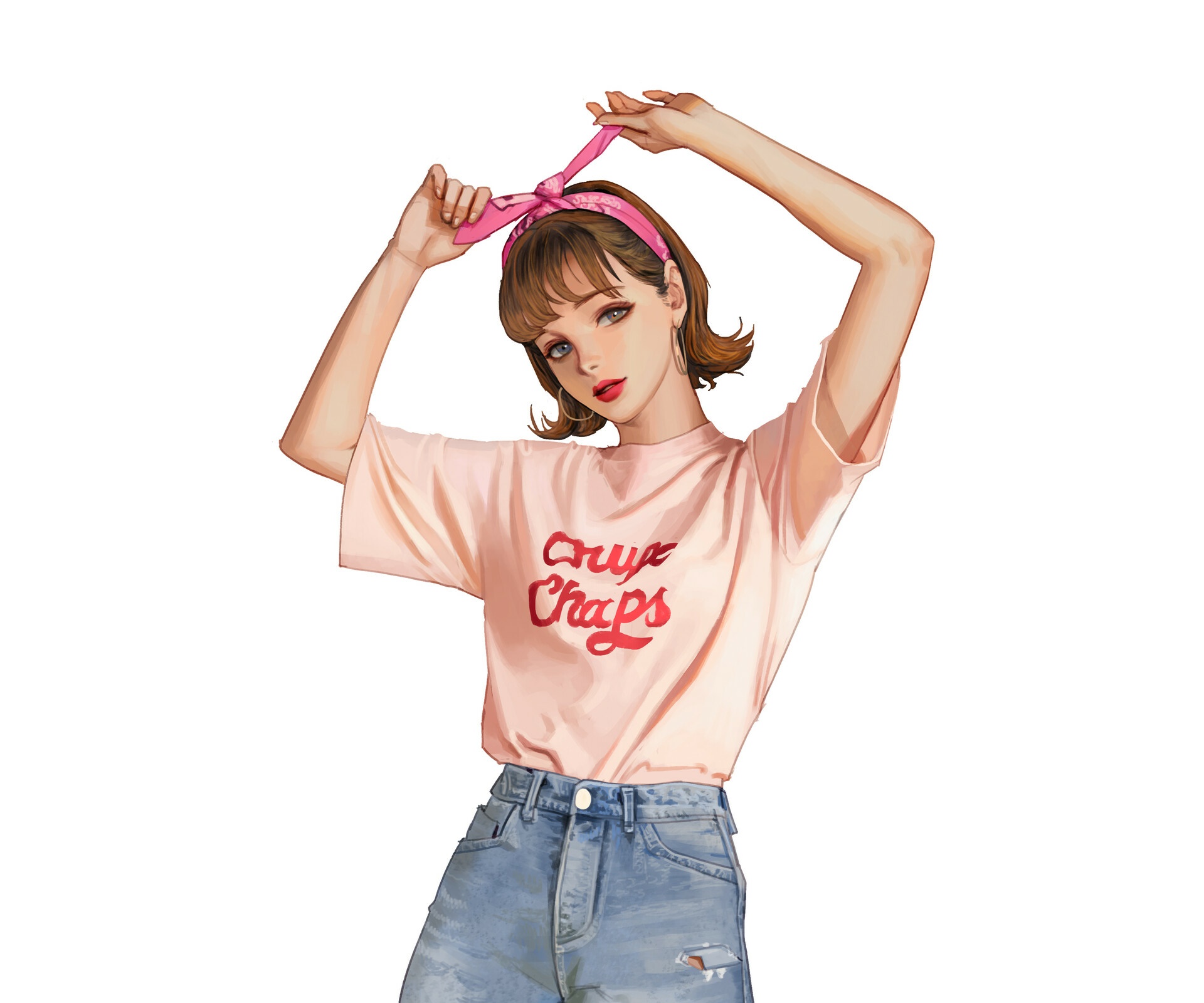 Girl with pink bandana and t-shirt HD Wallpaper