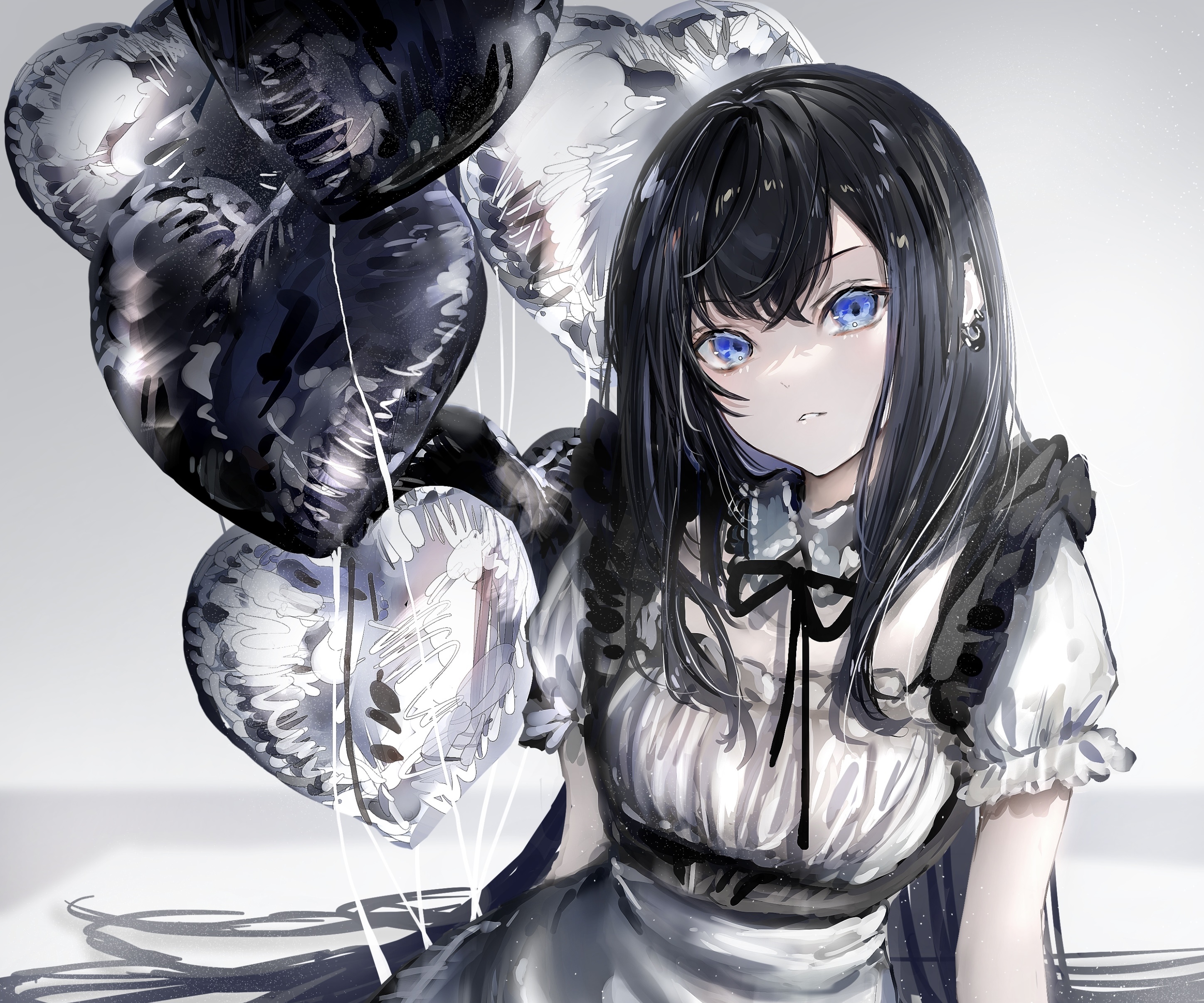 Girl with Blue Eyes and Heart Balloons HD Wallpaper