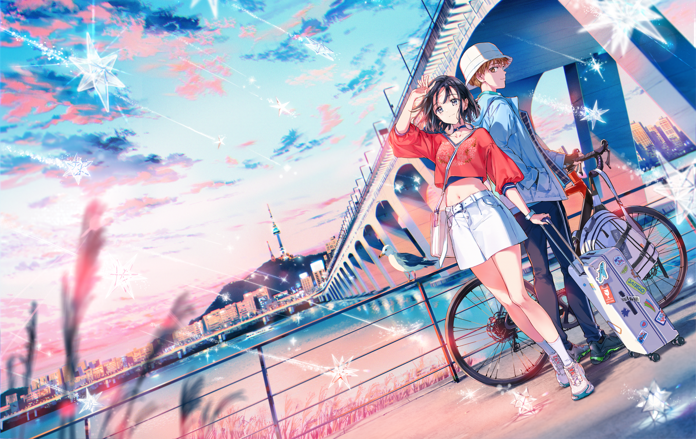 Couple with bicycle and luggage on bridge with city view HD Wallpaper