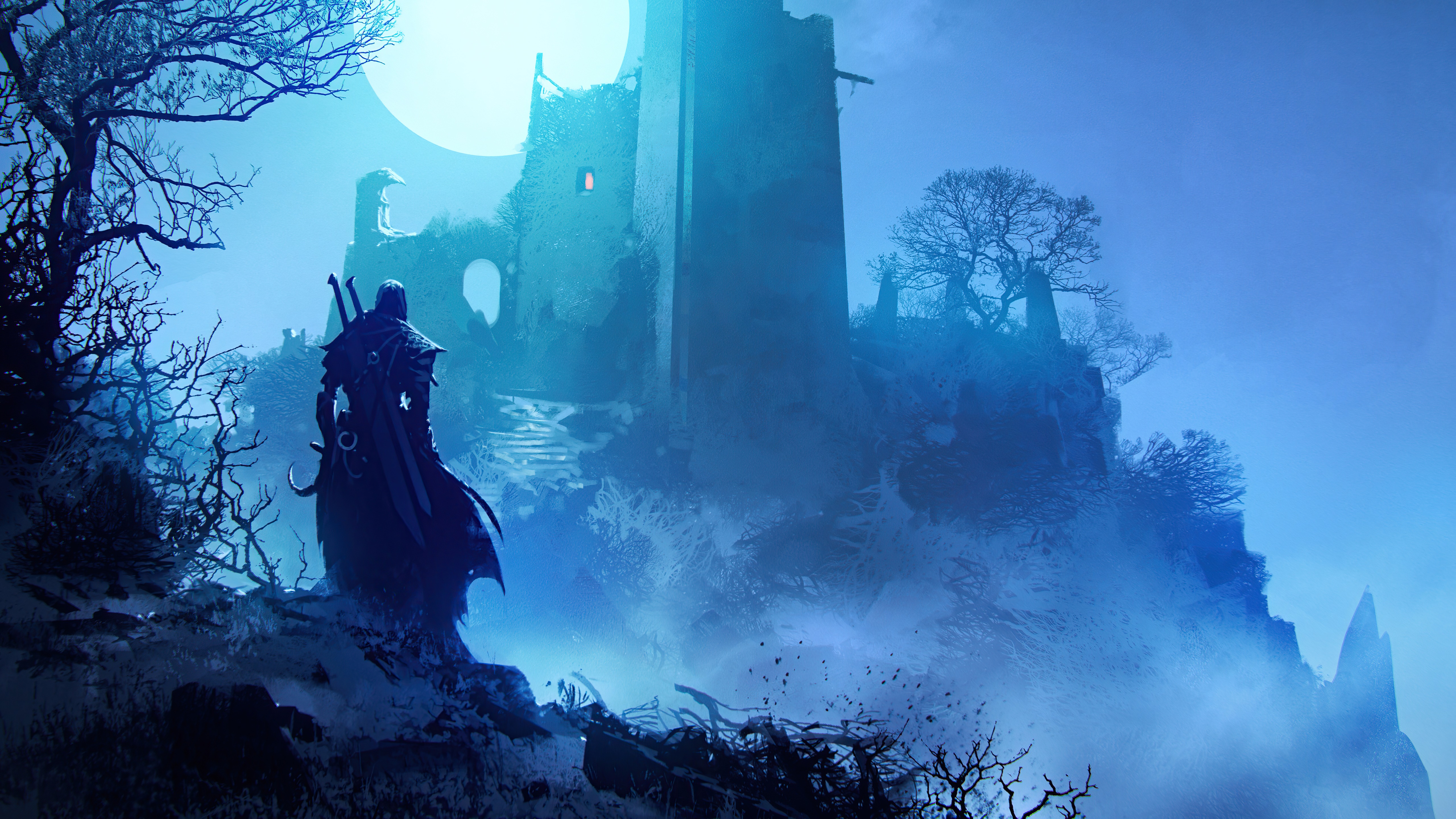 Fantasy Warrior in front of ruined castle 4K HD Wallpaper
