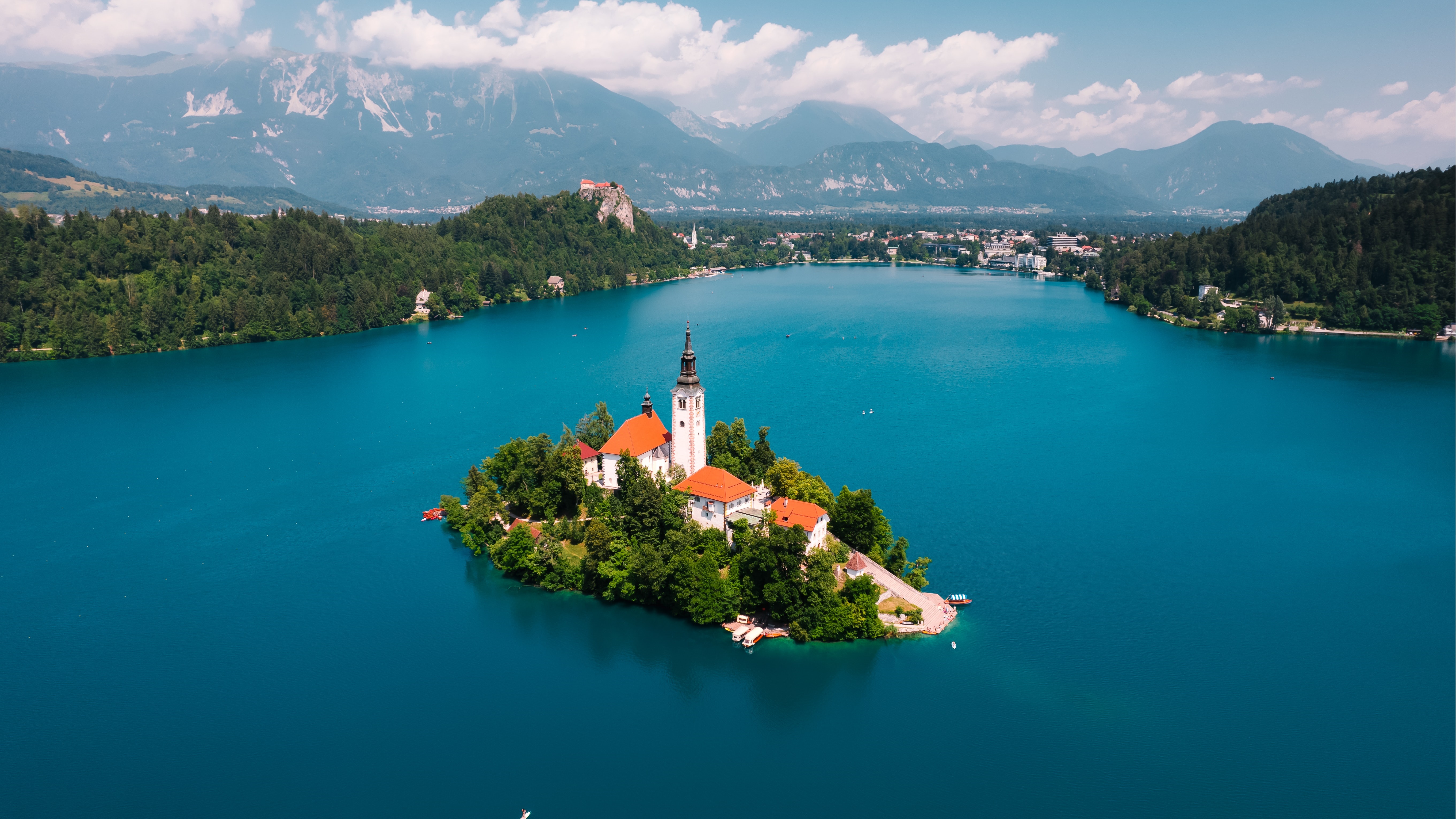 Lake Bled Island Church and Bled Castle, Slovenia HD Wallpaper