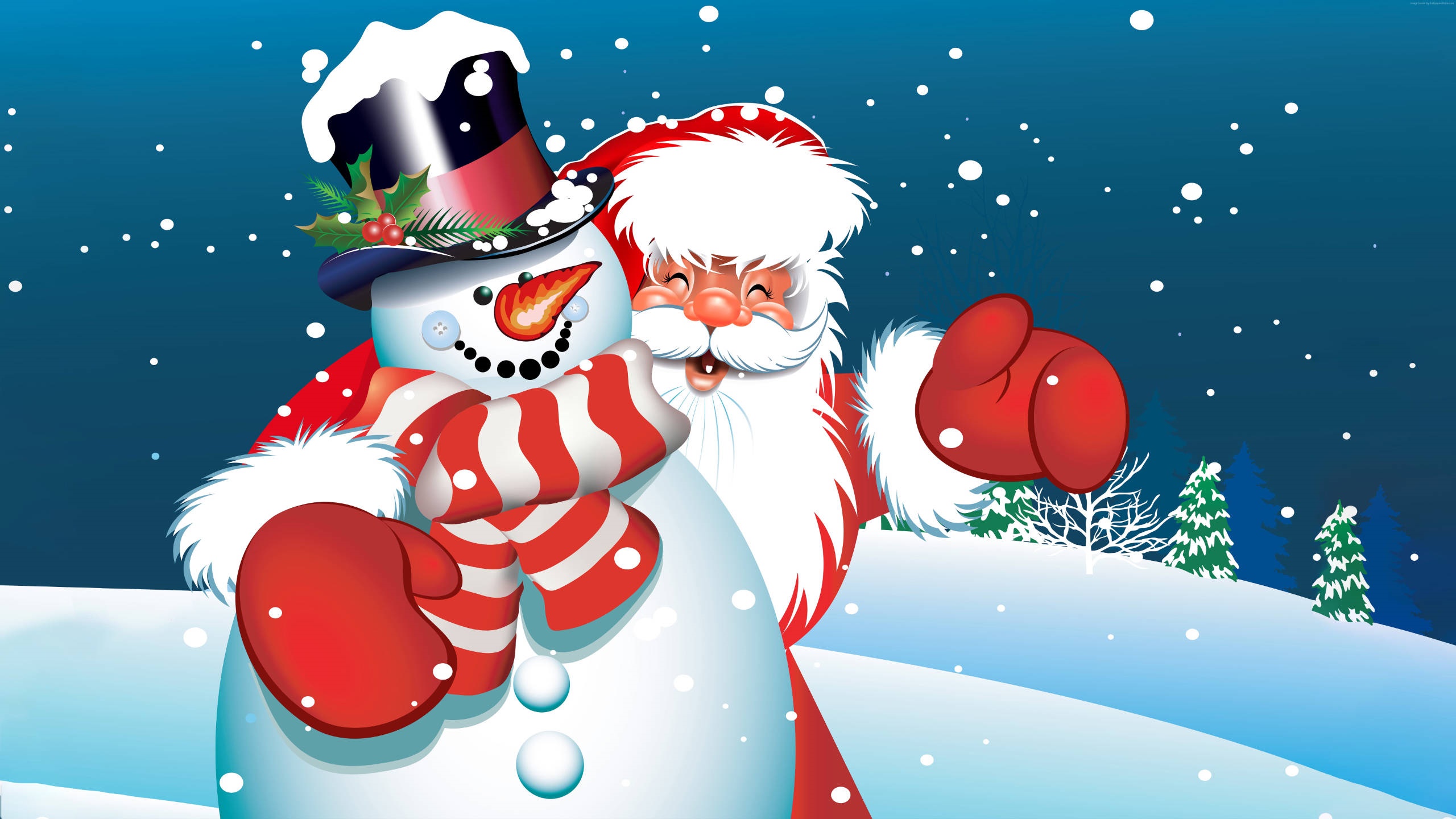 Santa Claus and Snowman in Winter HD Wallpaper