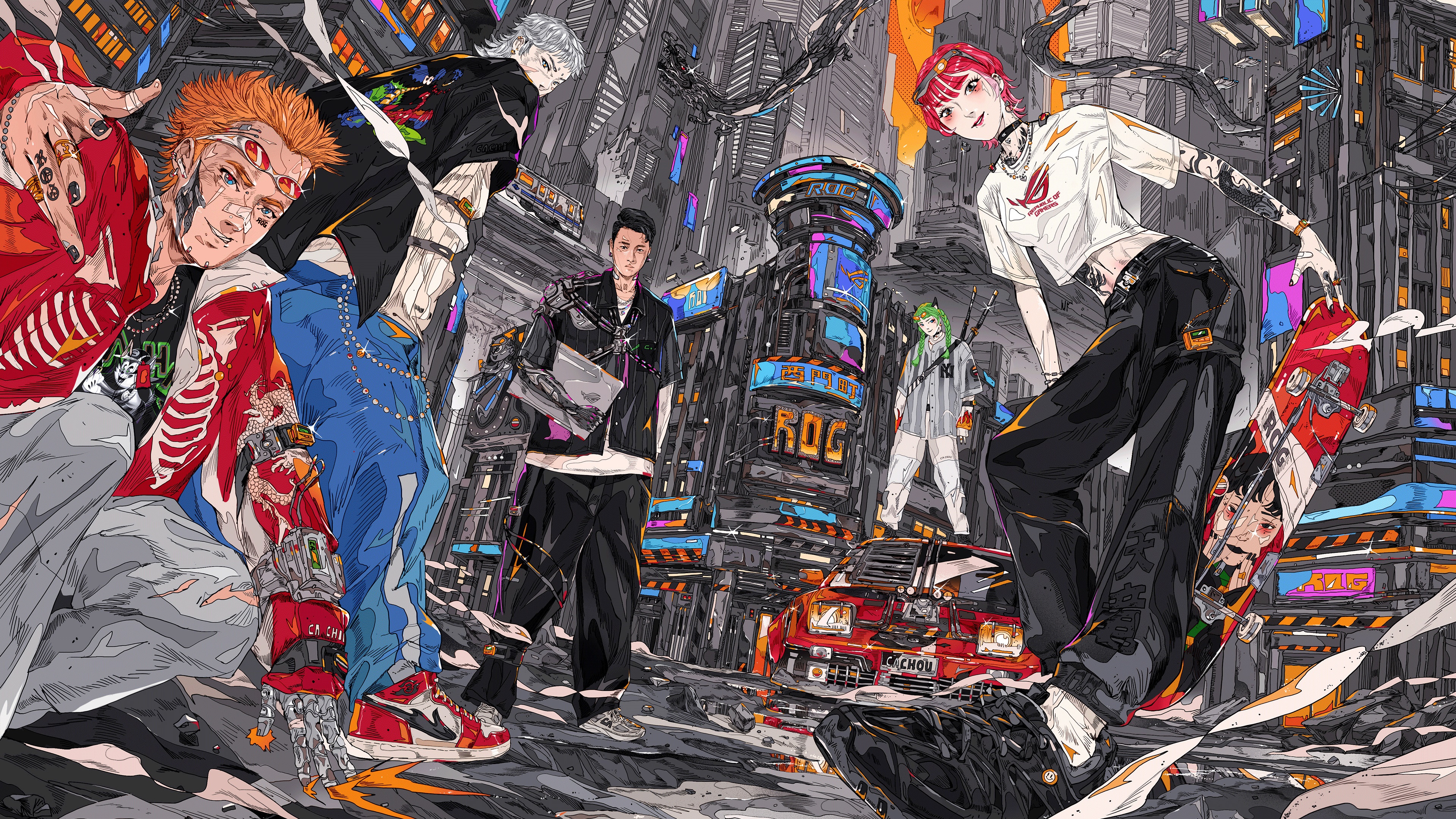 Asus ROG 4K characters in a futuristic city HD Wallpaper